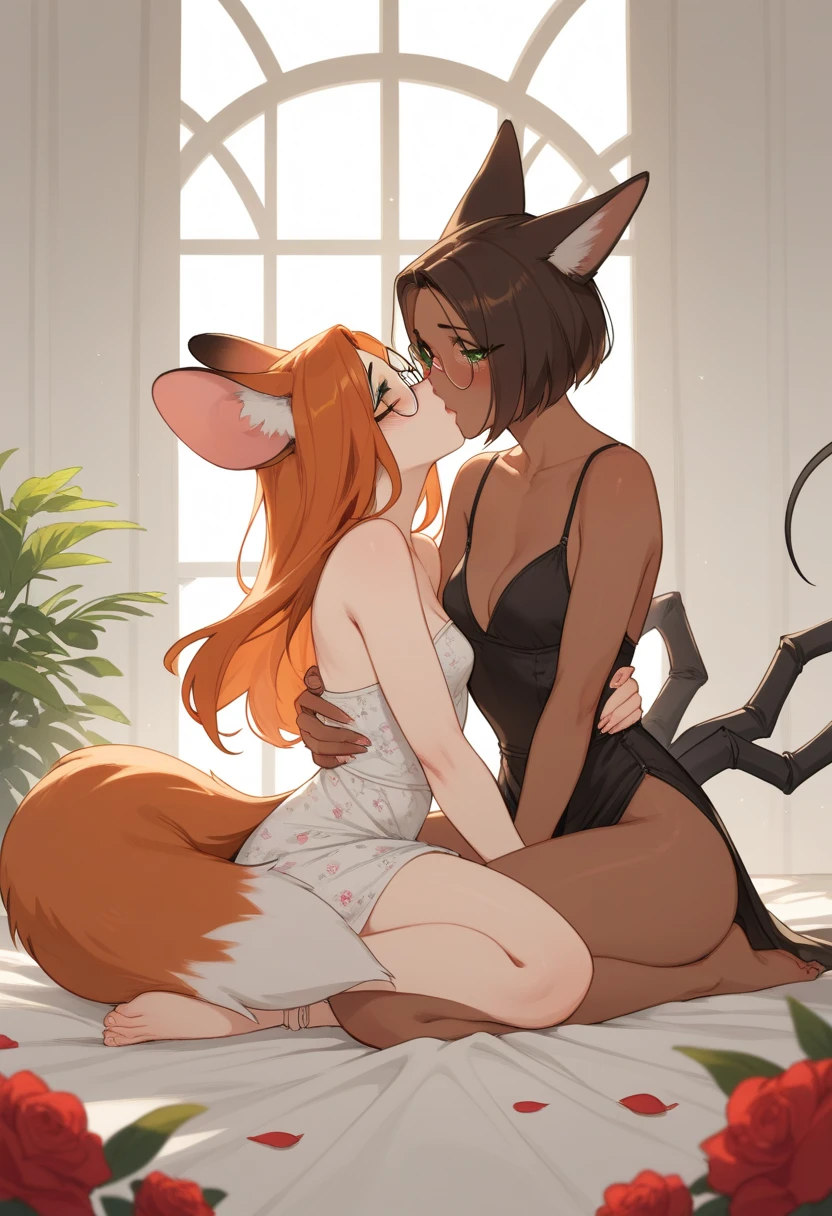 masterpiece, best quality, extremely detailed, 2girls, duo, kissing, hugs, furry, lesbian, anthro, fluffy fur,
(rabbit girl, black fur, black rabbit, long hair, red eyes, pink lips, grab ass, tongue, horny expression:1),
(rabbit girl, white fur, white rabbit), short hair, red eyes, pink lips, squish breast, tongue, shy expression:1),
(forest plain)