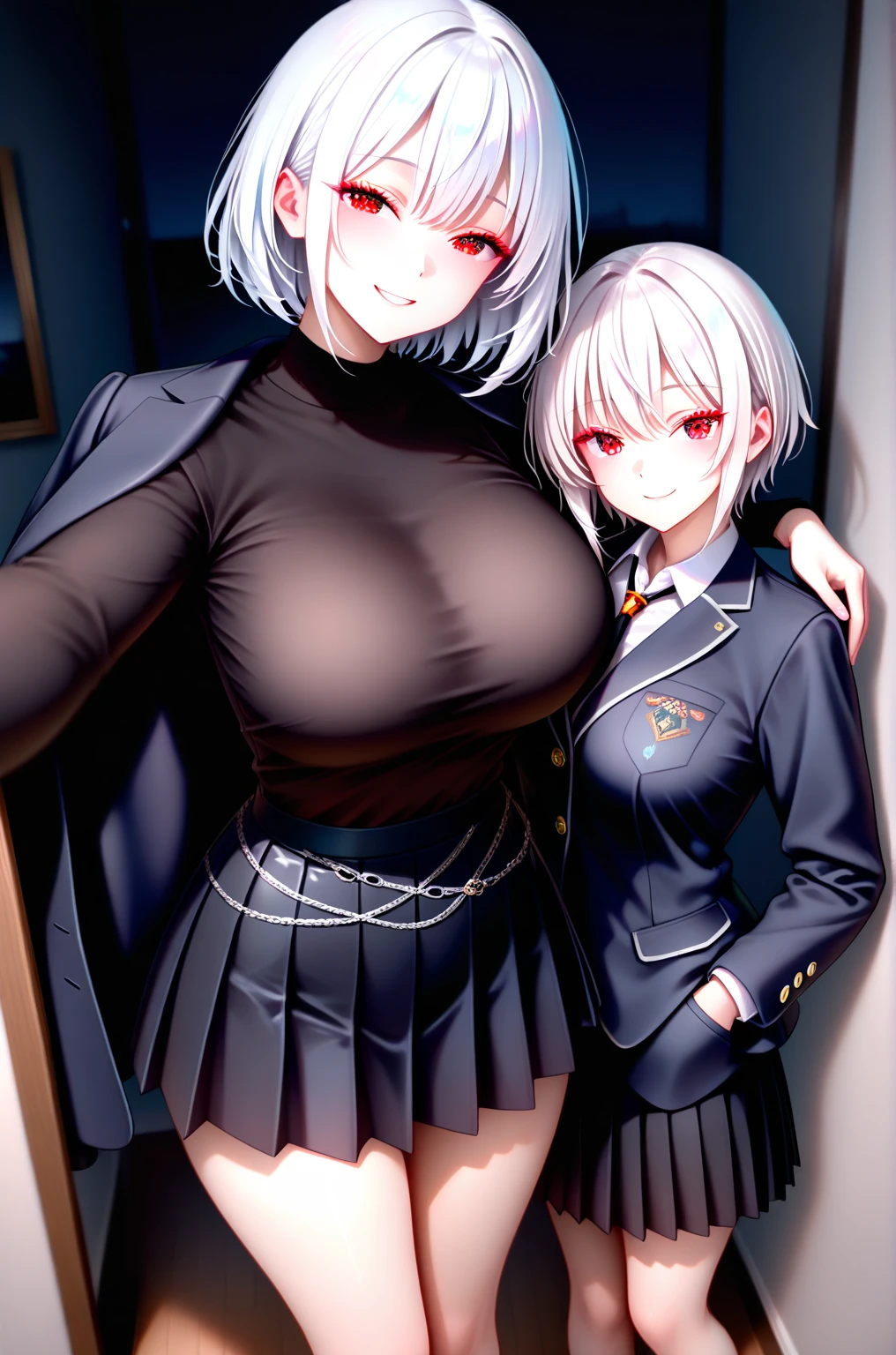 Blue eyes, short white hair, wearing eyepatch, big ass, big butt, thick thighs, thigh highs, small breasts, looking back at viewer, adorable smile, blushing, blush, shy, bedroom, skirt, short skirt, panties, thong, topless, happy to see viewer, nothing on top, twin sisters, bent ovee, presenting ass, showing ass off,