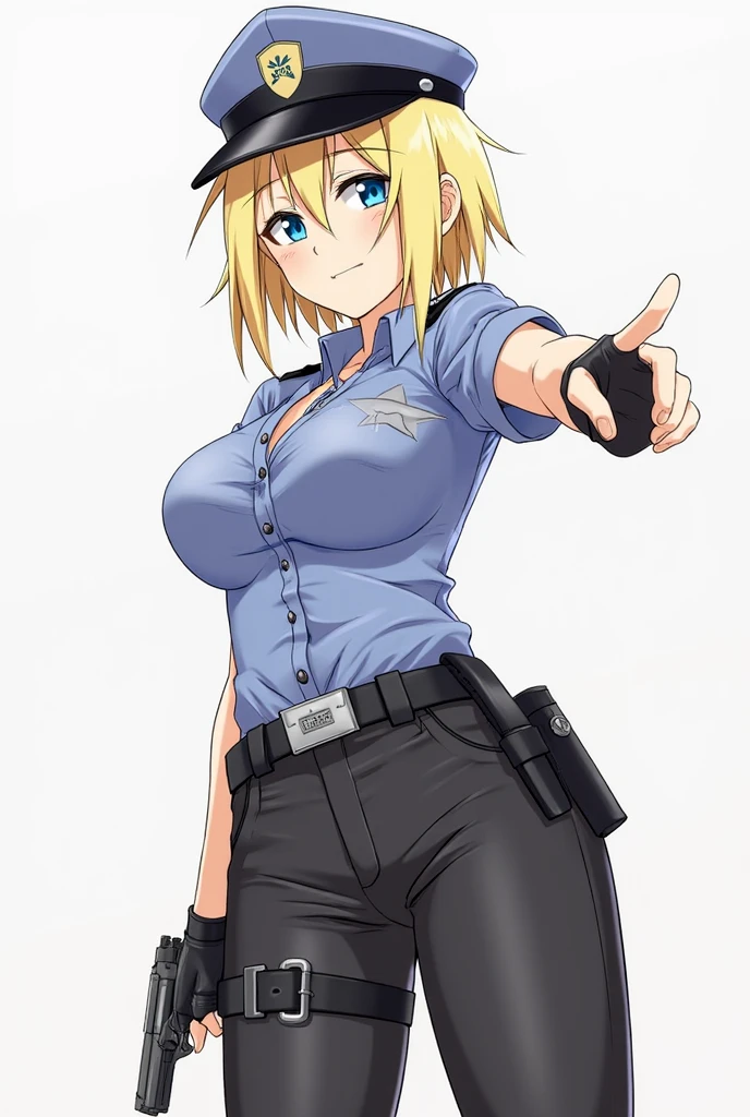 score_9, score_8_up, score_7_up, source_anime, BREAK by ikuchan kaoru, iku, clean color, flat color, 1girl, anime screencap, screencap, hellsing, seras victoria, blonde hair, blue eyes, , indoors, standing, ((slim)), narrow waist, toned, ((abs)), looking at viewer, hair over one eye, shorts, large breasts, blue eyes, sexy, tiny waist, muscular thighs, boots, latex gloves, fingerless gloves, ((seductive)), seducing, horny, in heat, ((smirk)), smirking, huge cock, huge penis, ((foreskin)), futa, futanari, open shorts, police uniform, knotted shirt, boob window