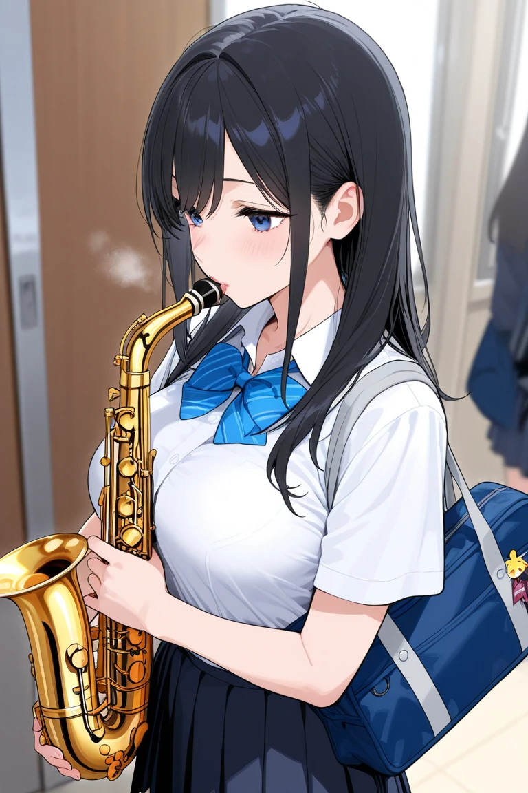 An angle that captures the whole body、Black bob hair、high school girl、Playing the saxophone on the train、Grin、Put your chest close、、Penis in the vagina、nsfw、back