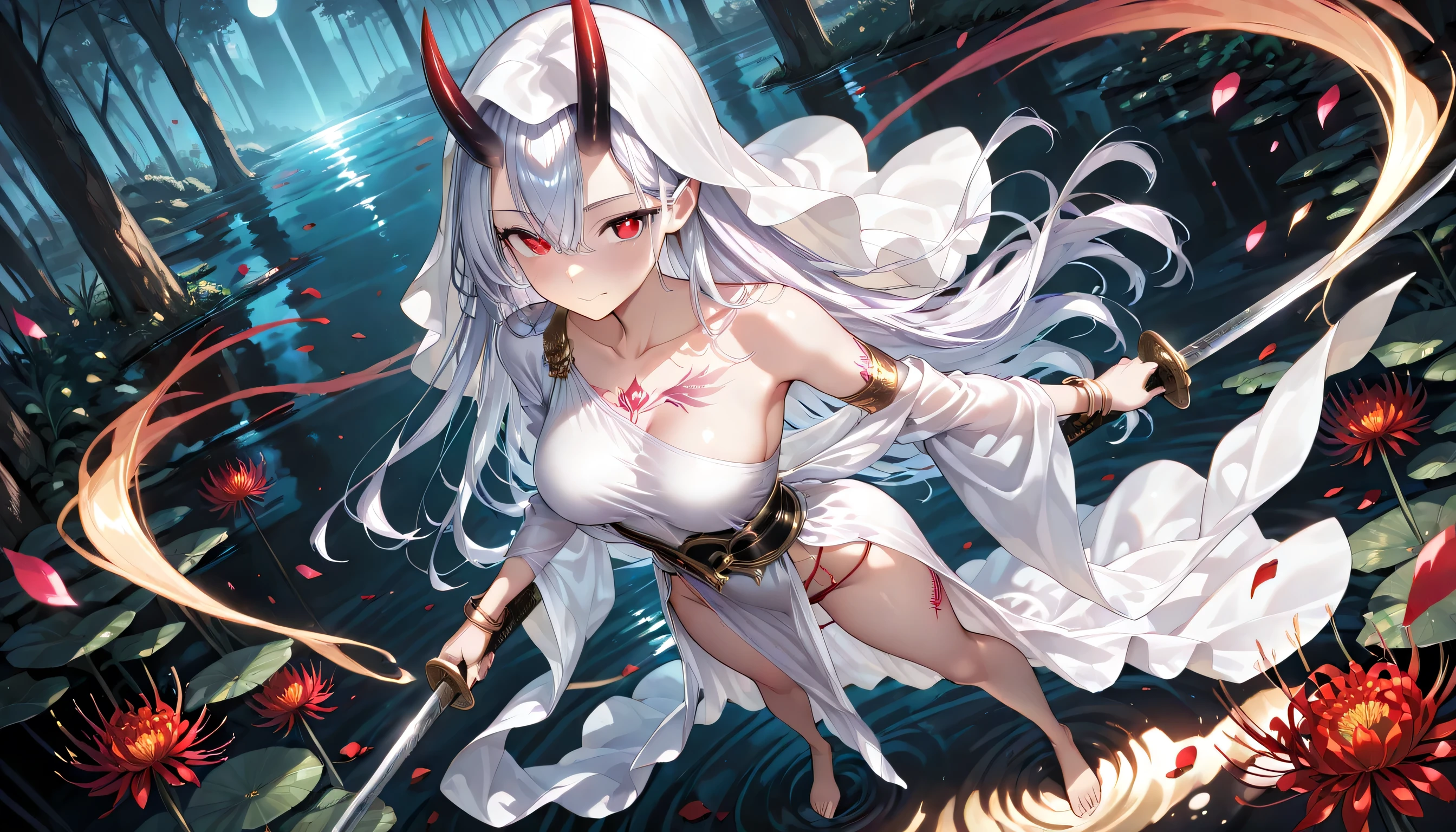 ((masterpiece, best quality, ultra detailed, high resolution, beautiful detailed face, beautiful detailed eyes, perfect hands, 4K)),(1 woman, solo), oni girl, one cute horn, (medium breasts), silver short messy shoulder-length hair, A beautiful oriental fantasy woman wearing an asymmetrical outfit made of shimmering metallic gold satin. The one-shoulder wrap top gently drapes across her chest, with a single soft sleeve on one arm.
A short white satin hood flows from her head like a celestial scarf.
Her skirt is ruched with a high slit, revealing one graceful leg.
The fabric glows with a magical golden sheen.
She wears elegant gold bracelets, red G-string panties, and is barefoot.
Ornamental black lotus tattoo on her mid-chest. see-thought clothes
Blending ancient Chinese fantasy with goddess elegance.
Pose: Standing with legs apart, holding a katana in both hands, looking directly at viewer.
**Camera angle: Shoulder-level view**, 3/4 perspective, intense eye contact, powerful stance.
Left eye fully visible, right eye slightly obscured, subtle nose bridge and mouth curve showing depth.
A dark, mysterious swamp filled with white spider lilies, ethereal mist floating above black water, glowing red petals drifting in the air.
