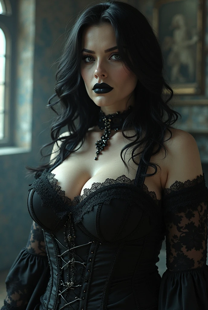 (Best quality, 8k, 32k, Masterpiece, UHD:1.2), beautiful goth girl, 20 years old, black corset, lacy dress, dark makeup, bored look on face, large breasts, cleavage looking at camera