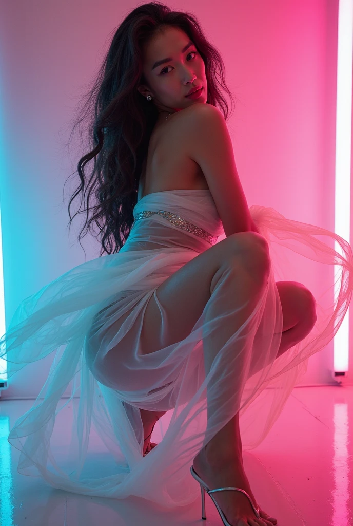18 year old stripper, dancing in club, neon lights, on stage, pole dancing, lingerie, sensual, goddess, dream girl