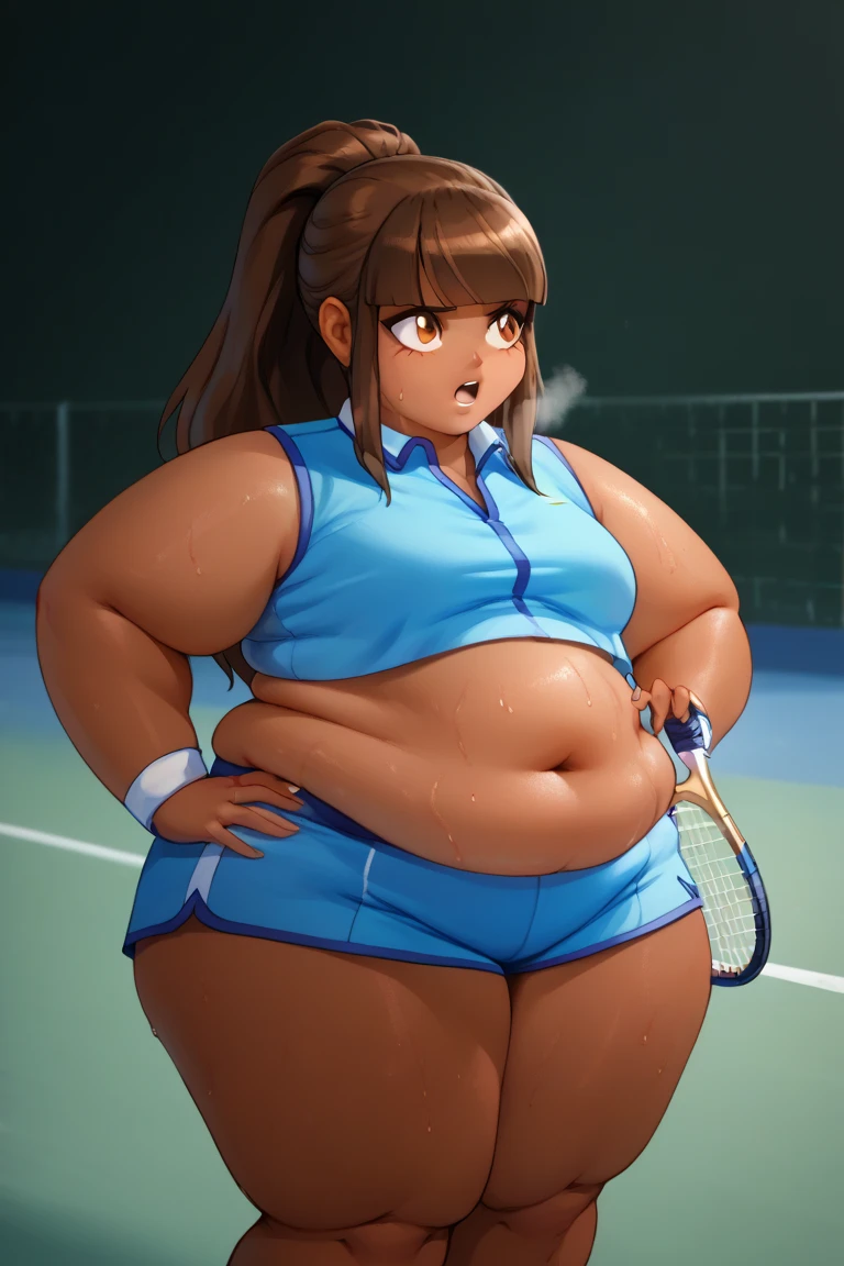 Maisie Williams, masterpiece quality, realistic, lots of detail, 1girl, solo, alone, (alone:1.9), beautiful sunny day, beautiful clouds in sky, on a tennis court, wearing a tennis uniform, wearing cop top, midriff, wearing short pleated skirt, big breasts, (big breasts:1.3), chubby belly, (chubby belly:1.1), chubby body, sexy pose, seductive face,  empty hands, 