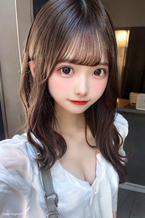 One Girl, (beautiful girl:1.3), (18-year-old:1.3), good eyes,(Symmetrical eyes:1.3), Brown eyes, Parted bangs, Brown Hair,Wavy Hair,Her cleavage is visible,whole body、whole body,good