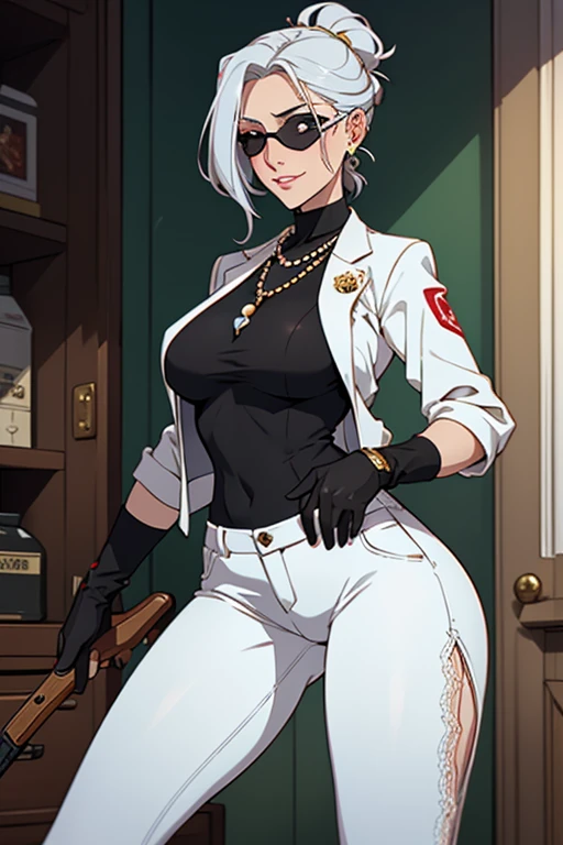 <lora:lixing-10:1>,((extremely realistic shading, masterpiece, extremely detailed, photorealistic)),Silver hair,purple eyes,black suit jacket,black pantyhose,black hat,White high-waist_skirt,