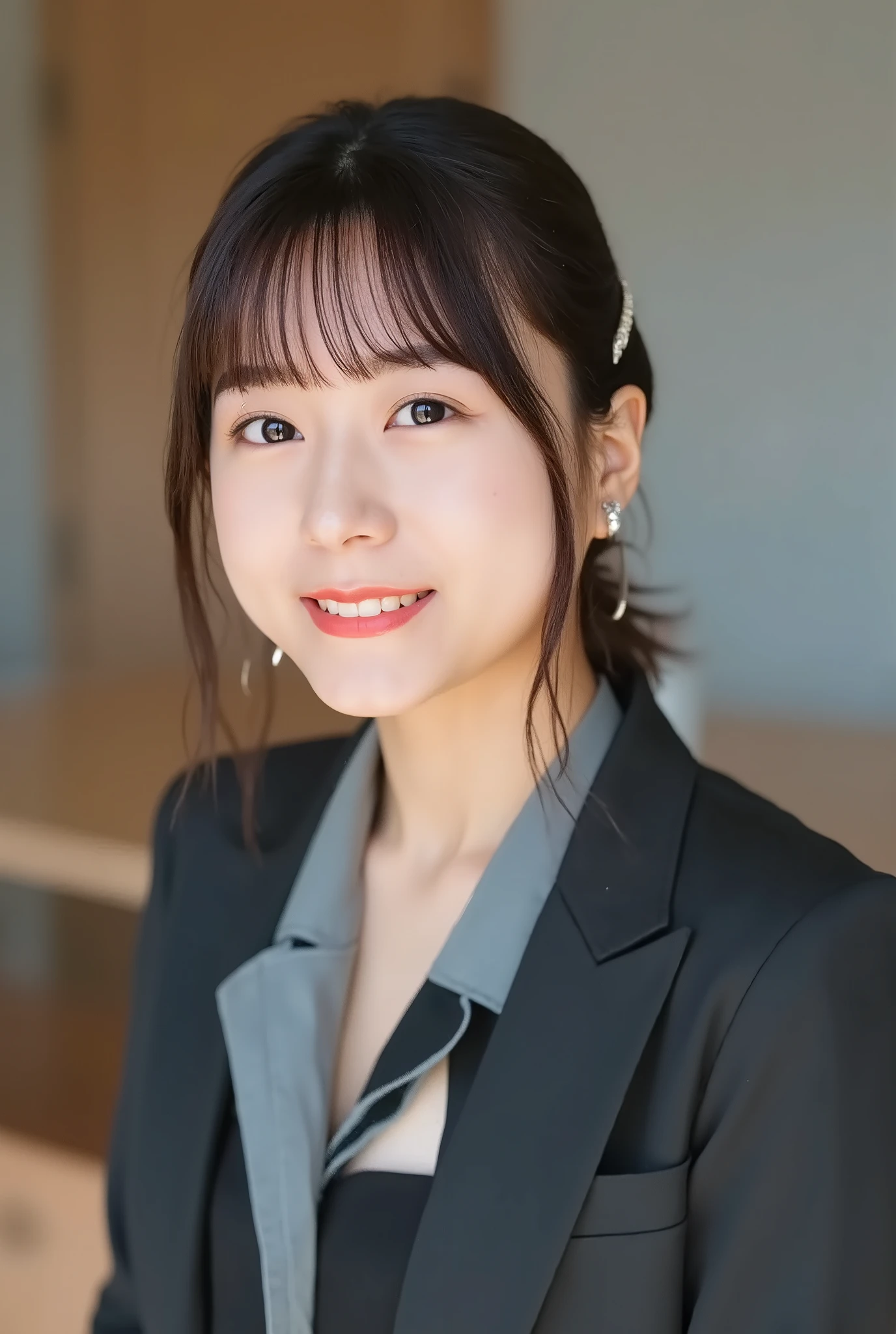 A neat and clean young woman、office lady suit、jacket、shirt、necklace、and look at the camera、hairstyle shortcuts、 黒髪、 smile showing teeth、ear piercing、upper body、Background is in a room、