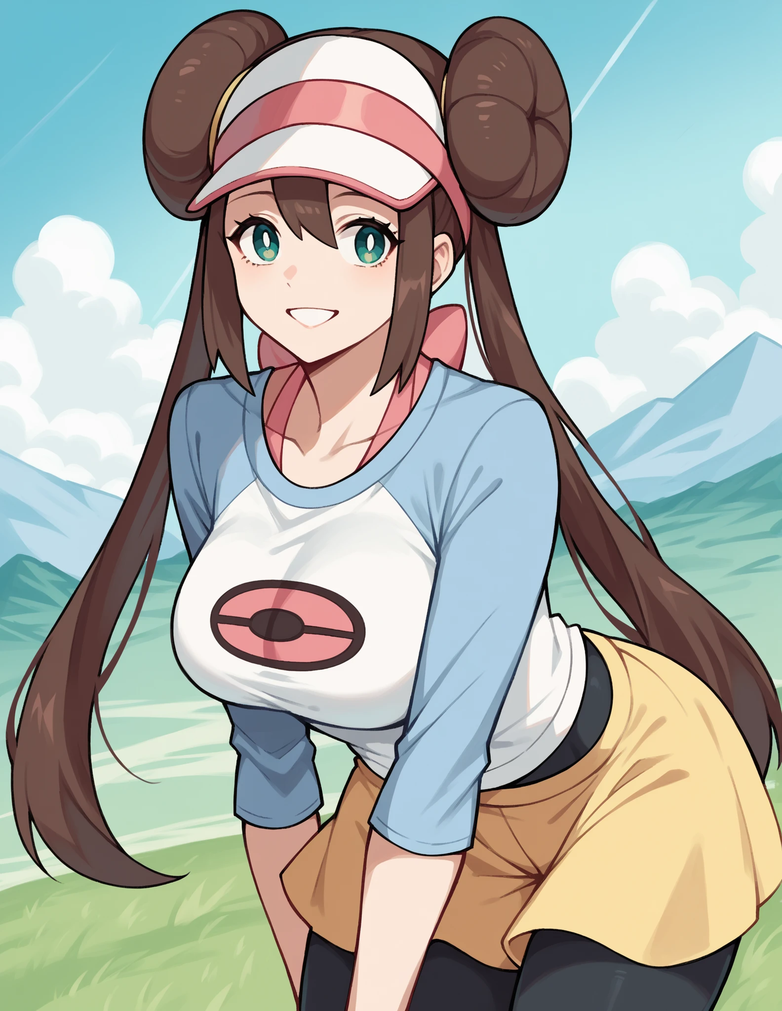 masterpiece, highest quality, High resolution, RO1, Hair Bun, blue eyes, Twin tails, Visor Cap, pantyhose, Raglan sleeves, Yellow shorts, Pink ribbon, watch, Cowboy Shot, Field, Pokéball \(Basic\), smile,Big Breasts,tits,naked,Changing clothes,Red face,Take off your clothes,Naughty images,In the process of taking off clothes,tits丸見え