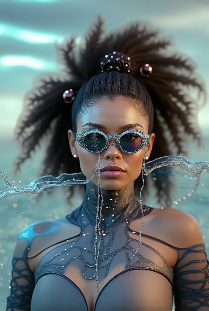 a woman in a white bodysuit standing in a body of water, loba andrade from apex legends, beautiful city black woman only, full photo, curves!!, in the forest, tessa thompson inspired, dripping wet, athletic body build, edmonia lewis, desirable