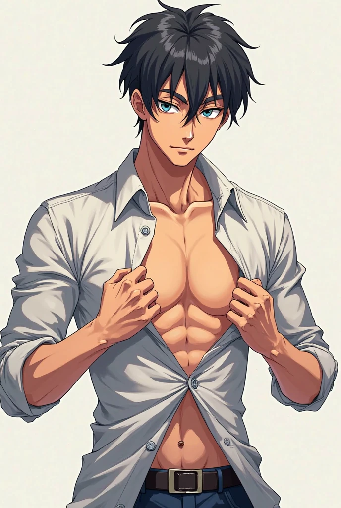 (absurdities, High Resolutions, ultra detailed, HdR), masterpiece, NSFW, The best quality, 1man only, handsome, short hair, black hair, vibrant blue eyes, fine eyes and detailed face),, abs, badass pose, Anime boy taking off his shirt with his hands on his head, Beautiful anime pose, Anime hombre handsome, anime male character, Badass Anime 8K, Detailed anime character art, WLOP, Kazuya Takahashi, Tetsuya Nomura, takeshi obata
