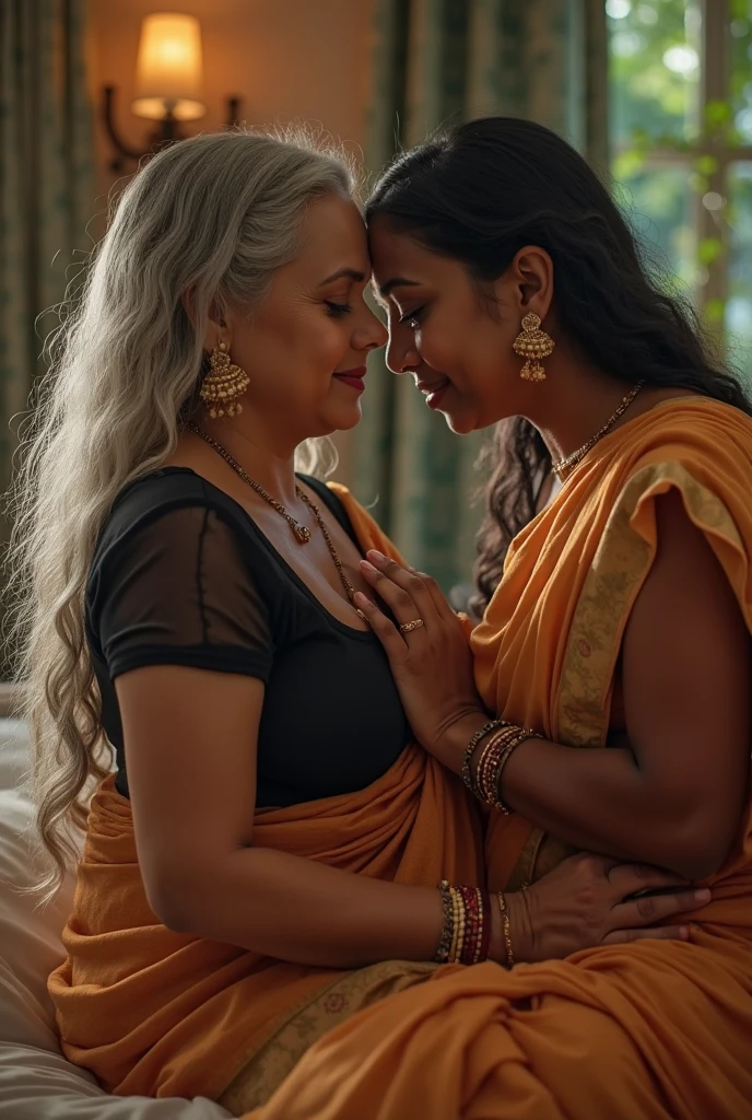 A heartwarming scene of an elderly woman with long, flowing totaly wet 3c curly gray hair shinning lime mirrors due curly wetness with removed saree hangging in her hip and unhooked saree jacket with exposed out her eldery saggying both breast,adorned with gold earrings and bangles, wildy kissing her 19 years old grand-daughter' nipple, who has dark fully cornrowed braided rapunzel hair like african hair braiding style and is in nude,her part of long cornrow braides flows her face with wildness eyes where the sexuality iminate,And she is standing and put one leg on the front chair and shows her pussy,vagina with spread out legs to her gradma with opened mouth and tilted back head,The background features soft, warm lighting from a window, with hints of a cozy home setting filled with plants and a table with fruits, capturing a moment of love and connection.vibrant colors, soft focus, and sexual emotional depth,Generste with detsiled nudidy,Generate woth high indian ethnicity,Generate with wildness sexuality,Generste with elderity nudity and much younger nudity as detailed Generate grandma' unhooked saree jacket exposing her aged eldey breasts,boobs