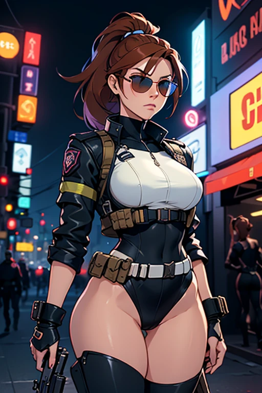 cyberpunk style,30-year-old mature and charming woman,Leather jumpsuit covers the whole body,full breasts, huge breast, huge breast, huge breast, huge breast, huge breast,High-heeled leather shoes,Pointing a laser gun at me,open fire,(There are many small pieces of gravel floating in the air around me.:1.5),Beautiful,Glowing special effects,celluloid style,Flat coating,HD,CG art,comics,8K,looking into camera,high quality,illustration,Vaporwave style,rim light,movie lighting,Super detailed,complex,OC renderer,cinematic perspective,high resolution
