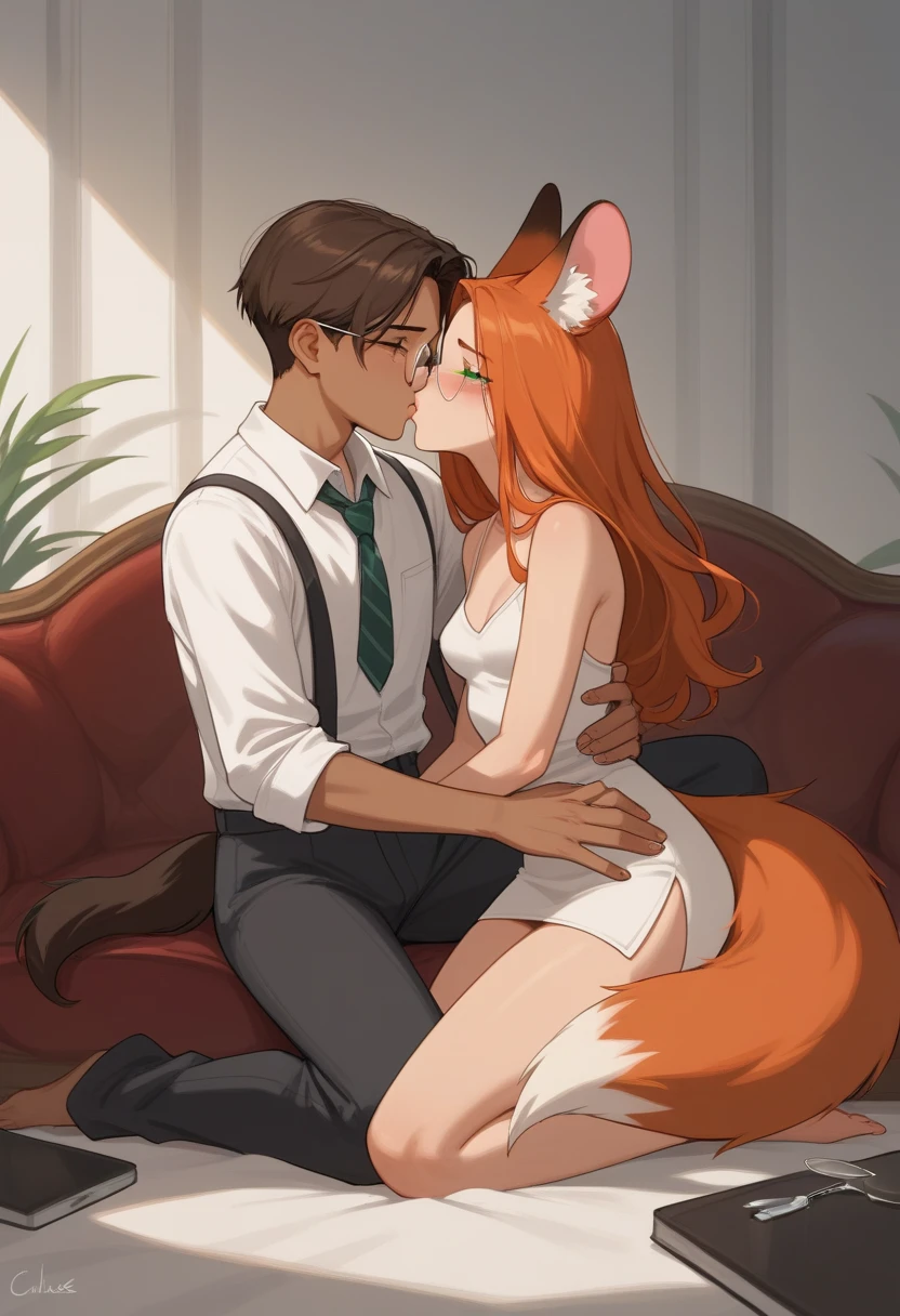 A high-resolution image featuring a (fox boy) embracing a (rabbit girl), conveying love and happiness. The fox boy has sharp, handsome features, with soft red fur, pointed ears, and a fluffy tail. He is dressed in casual, modern clothing that accentuates his lean, athletic physique. The rabbit girl, with long, delicate ears and smooth, white fur, gazes lovingly at him. Her attire is stylish and alluring, highlighting her seductive body. The couple is captured mid-embrace, their expressions filled with joy and affection. The background is a beautifully lit, serene garden with vibrant flowers and greenery, enhancing the romantic and happy atmosphere.