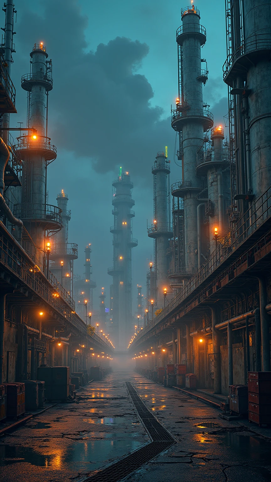 An expansive nocturnal industrial complex consisting of towering distillation columns, cylindrical storage tanks, labyrinthine networks of stainless-steel piping, scaffolded catwalks, rusted staircases, bundles of cables and insulated conduits, sprawling across the horizon under a deep indigo sky, rendered as an ultra-high-definition 8K digital painting in a cinematic photorealistic style, composed in a wide-angle full-frame 16:9 panoramic aspect ratio with a slight low-angle vantage to emphasize monumentality and depth, illuminated by warm amber sodium-vapor floodlights and cool white LED accent lights outlining pipes and platforms, casting angular highlights and deep shadows, supplemented by volumetric light shafts piercing through plumes of steam and mist, hazy ambient fog hugging the pipes, subtle lens flares and chromatic aberration at the edges, glowing neon-green gas flares atop vertical flare stacks, intermittent warning beacons, specular reflections glinting off wet metallic surfaces coated with dripping condensate, layered with textures of chipped paint, corroded steel, oil-stained concrete, reflective oil sheen on cracked concrete and hazard signage, interspersed with illuminated control room windows glowing with amber interior light, grated metal flooring, spotted oil puddles reflecting vibrant lights, tangled power lines overhead and distant cooling towers emitting steam plumes, all presented with a color palette of deep cobalt, indigo and midnight blue shadows, warm orange and yellow light pools, cool cyan highlights on welded joints and occasional magenta lens glints, integrated with high dynamic range tonal transitions, shallow depth-of-field softly blurring distant structures, post-processing to enhance contrast and clarity, evoking a dramatic, gritty, futuristic mood of awe-inspiring mechanized energy and quiet nocturnal intensity.