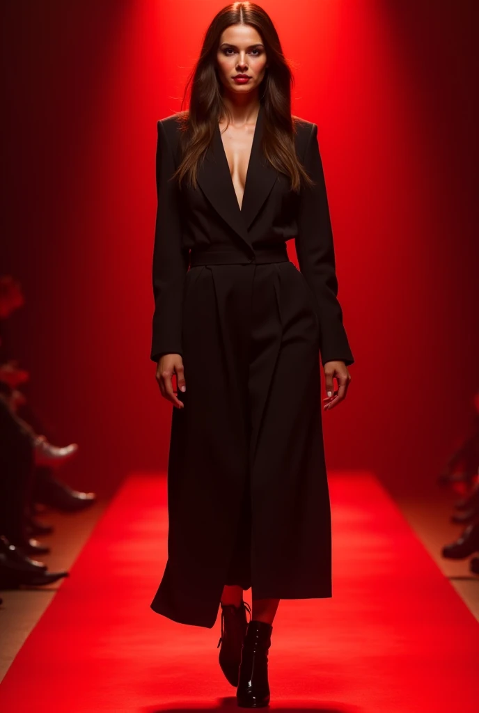 Tall, dark skinned, medium length but slightly long and curly brown hair, slim physique like a model, Brown eyed, walking on the catwalk