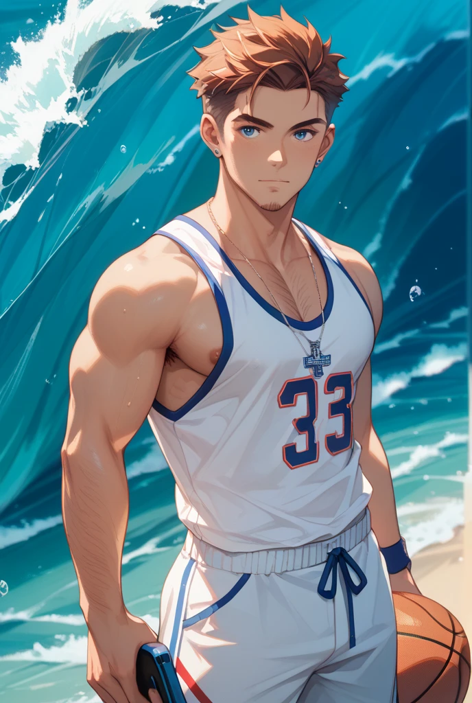 A muscular handsome blue haired man with silver eyes with long hair in swim trunks is blushing with a beach ball at the beach