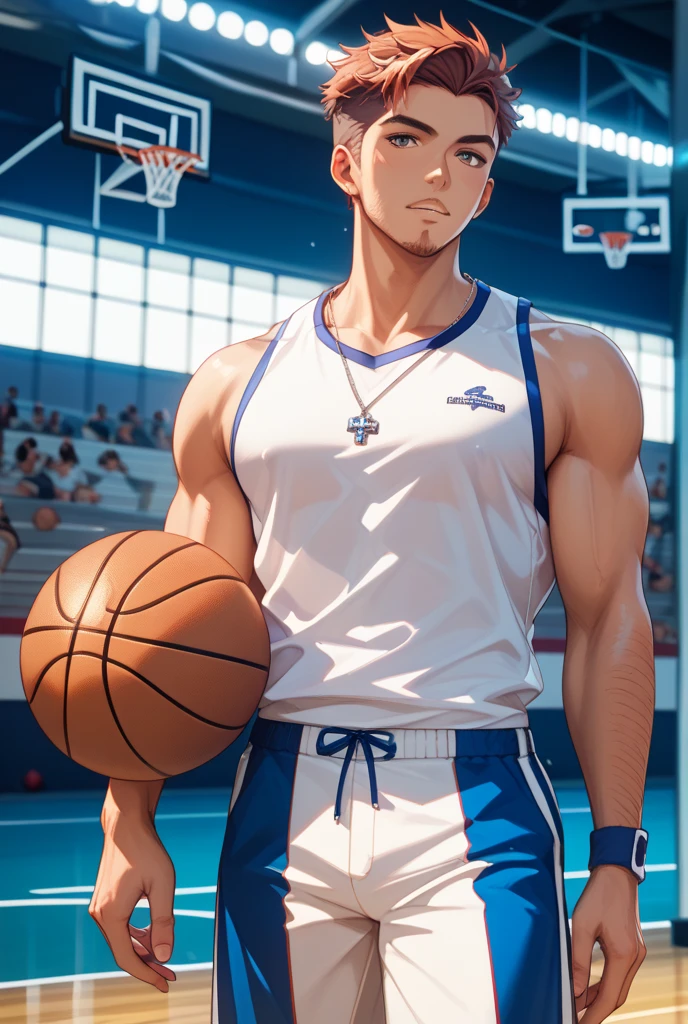 A young, muscular man in his 20s、Blue Eyes、Blonde、Short Hair、Sports haircut、Perfect body、Embarrassed face、Basketball court in the park、Dripping Sweat、Your body is wet