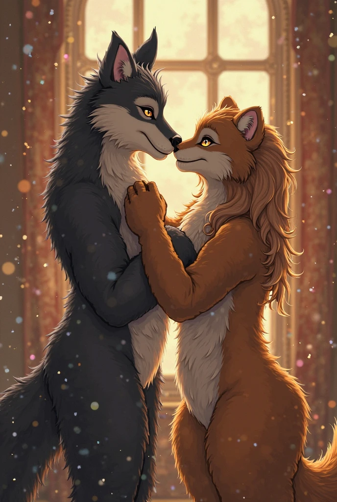 of 2 anthro wolves, they are embracing a beautiful woman and seem to love each other and smile happily.