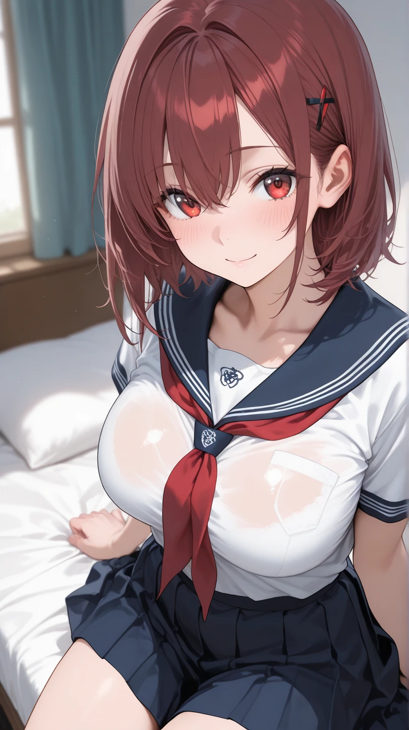 {{{masterpiece}}}, {{{best quality}}}, {{ultra-detailed}}, {illustration}, {{an extremely delicate and beautiful}}, 8k, nsfw, Arima Kana (Oshi No Ko), Red hair, very big eyes, red eye, short hair, bob hair, violet beret, , jacket, violet Jacket, pink bow tie, big bowtie, white shirt, black sweater, white socks, short skirt, grey skirt, BREAK, NSFW, anime girl nude and in bed spreading her pussy lips wide, 1girl, solo, (spread pussy wide:1.1),(pussy focus:1.3), (bare pussy:1.3), (Vaginal hole:1.1),(urethra:1.1),(Kupaa:1.1), open vagina, clitoris, spread vagina by both hands, crotch grab, nail, looking at viewer, spread legs, {{open vagina, spread pussy, pussy, clitoris glans, urethra, vaginal opening, labia minora, uterus, smooth pussy}}, taking off clothes, open clothes, Open shirt, open jacket, breasts, nipples, lift up skirt, blush,open mouth,embarrassed,naughty expression, raise your legs, M-shaped spread your legs, on the bed, uncensored