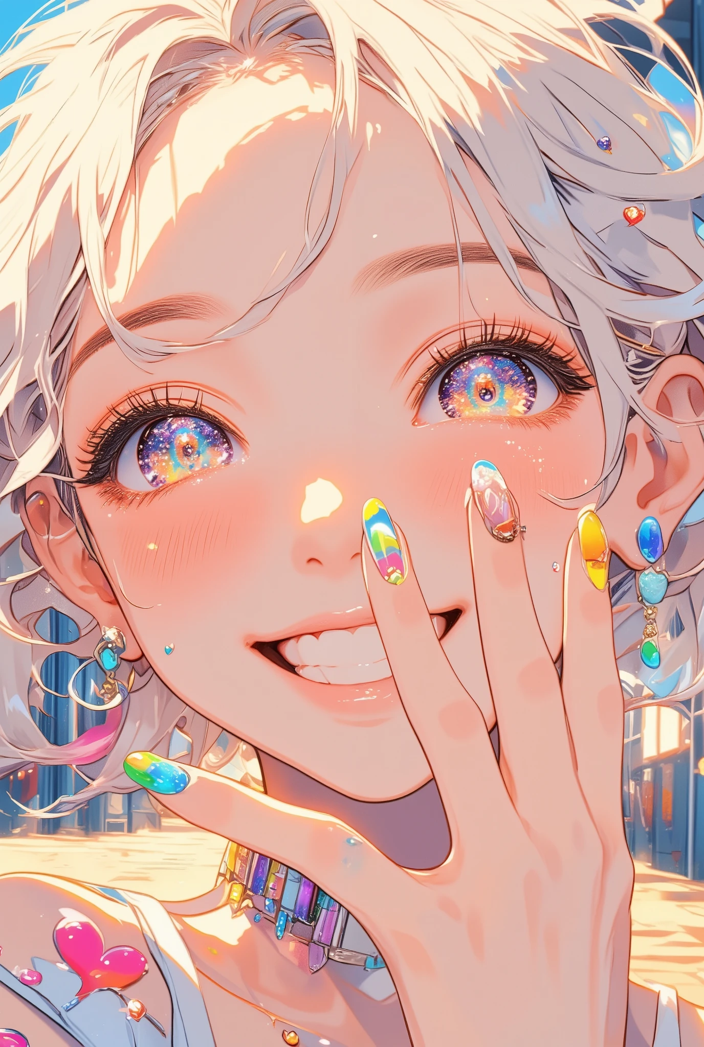 a cheerful gyaru girl proudly presenting her freshly decorated nails toward the camera,
her hand is raised near her face, fingers spread to showcase the colorful and glossy nail art,
each fingernail features vivid designs — hearts, glitter, rhinestones, and pastel gradients,
she smiles brightly with confidence, her expressive eyes shining and cheeks slightly blushed,
her bleached wavy hair is styled with volume, and she wears trendy earrings and light makeup,
lit from the front with soft, warm daylight that brings out the glossy texture of the nails and skin,
background is a pastel-colored urban street softly blurred, keeping full focus on her joyful face and dazzling nails,
anime-style illustration with detailed facial expression, vivid colors, and smooth linework,
inspired by the warm, emotive aesthetic similar to Makoto Shinkai's style