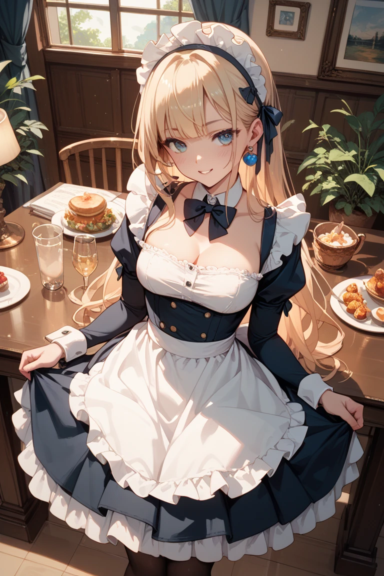 (best quality, masterpiece), (ultra high resolution, 8K RAW photo, photo realistics:1.5, textile shading, thin outline, clear focus:1.2), Beautuful Matured woman preparing tea_party in the garden, standing by the round table, (meisen's tea set, tea pot, tea cups, some cakes on dish), delicate and classy Baroque style white table with gold accents and royal_blue, wearing light_brown maid uniform, breast cleavage, maid costume:1.2, long flare skirts, apron, bow ties on the chest, long tall sally, long legs, white hair, (wearing thin-flame glasses:1.2), (milf:1.5, 28 years old, solo), (large breast, sagging breast, big tits, narrow waist), (medium short white hair, hair over one eye, (updo hair:1.2), side lock, asymmetric hair, wavy hair), (bright pupils, detailed eyes, high detailed face, Perfect face shape, eye rush), (seductitve smiling, half-closing eyes:1.2), (looking at viewers:1.3), (dynamic angle, full body, from below:1.2), ((correct anatomy:1.5, correct hands)), (ideal ratio of body proportions), (outdoor:1.2, grass field),