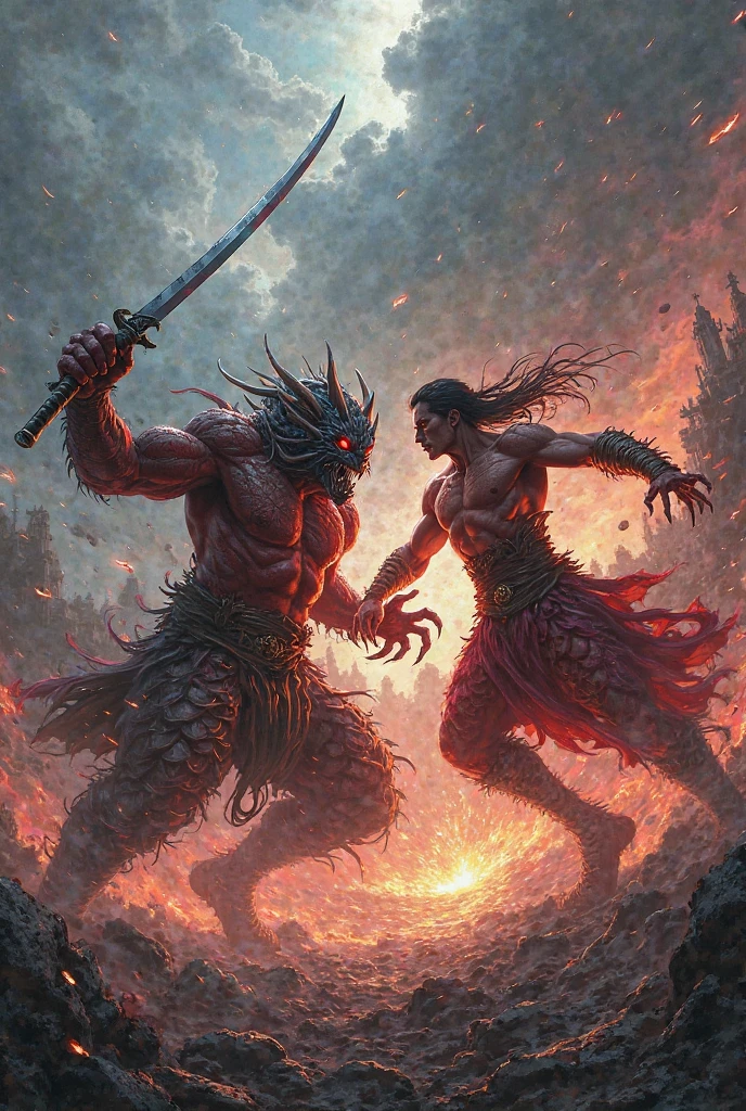 Blood God wearing a black fedora, ripped black shirt, long red hair, grey skin, crying blood, grave in background, full body