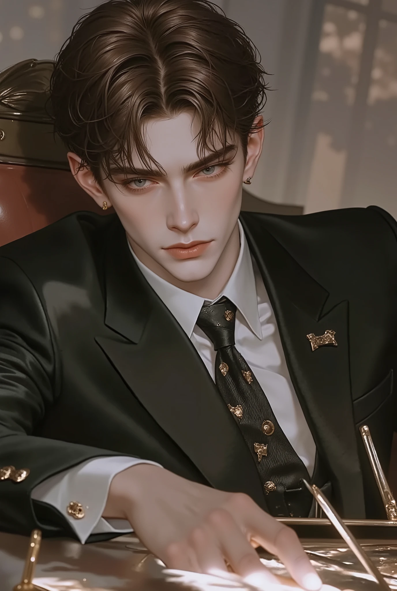 A handsome young man with short brown hair, slim athletic build, korean, blue eyes, full body photo ,lounged on his chair, a pencil on his hand , smooth skin , young and vibrant , is in good shape , Strong White Skin intense cold undertone, messy bowl cut hairstyle , I saw a handsome face and a small face. ,18 year old boy , blur the background do not show any figures or people, looking at me, wearing a prestige school uniform but slightly undone. high resolution, shiny lips, and glistening skin.
