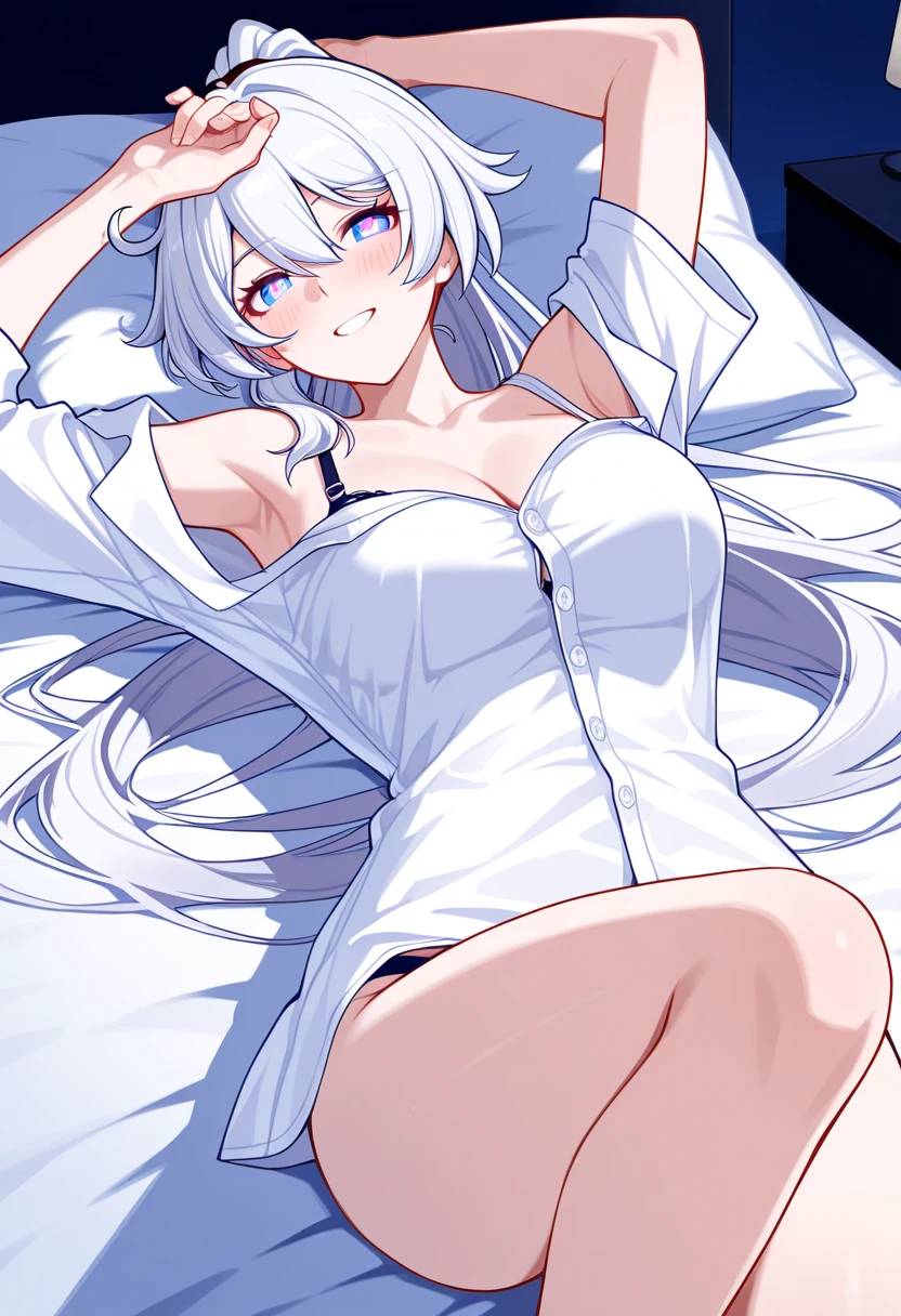 (Highest quality), (High resolution), (masterpiece), (Very detailed), Cowboy Shot, Shiro \(no game No life\),Long Hair,Multicolored Hair,Hair between the eyes,Gradient Hair,Flat Chest,blue eyes, Blue Archive Art Style, One Girl, Silky skin, Shiny skin, Sweat,desire, Estrus, Heart pupil, Heavy breathing,( Long lace camisole dress), Front view, (Dark Saturation), Love juice drips, Underwear is see-through, In bed at night, dark room at night, To seduce, Delighted, Ecstatic expression, Sleep on your back, Stretch your arms above your head, Show the whole body