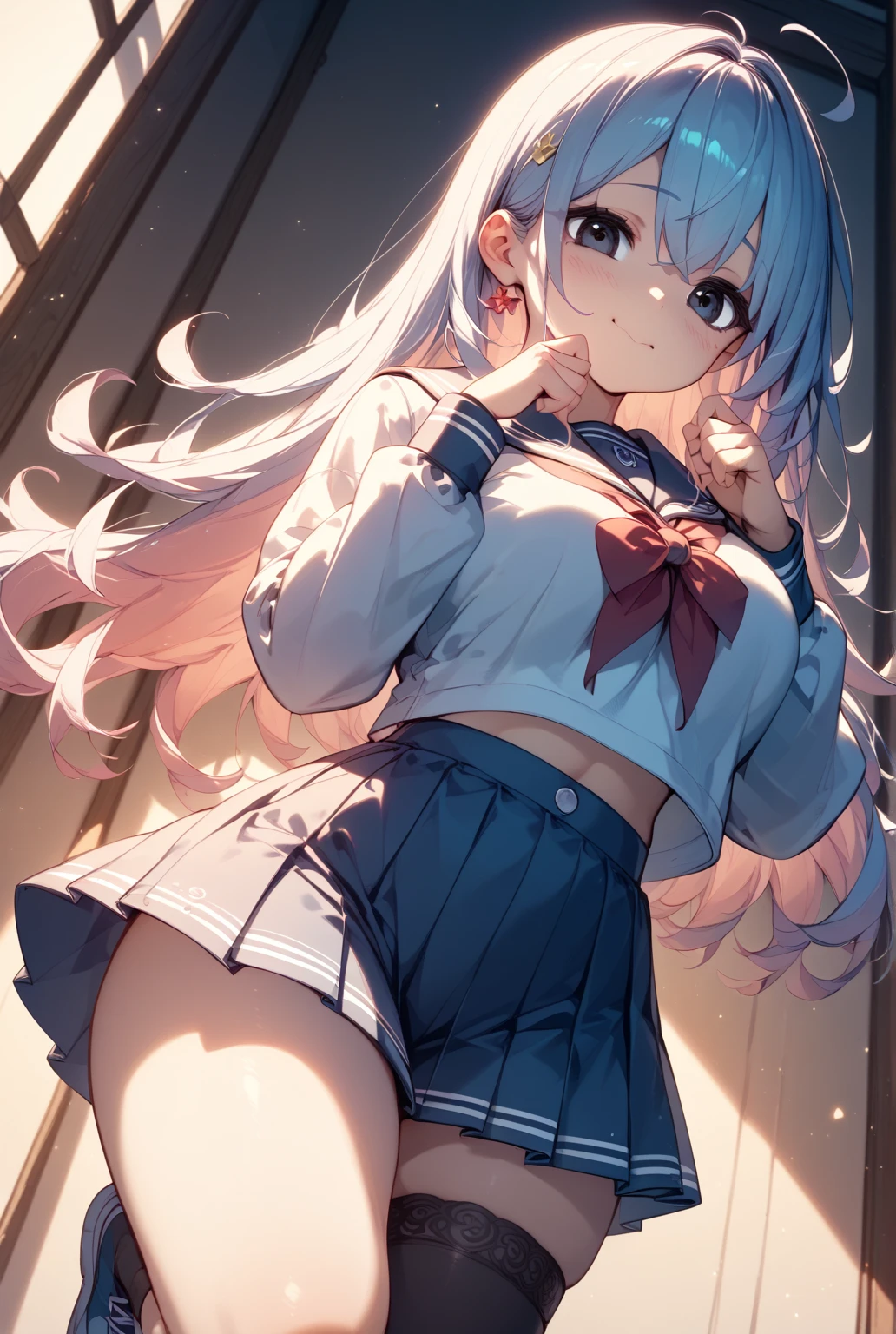 (highest quality, masterpiece),(One girl), Beautiful face with attention to detail, Silver Hair、Long Hair, French Braid, Cat ear、Long Hair、Straight Hair、Fluttering in the wind、smile、Beautiful, detailed eyes, Sparkling eyes,Cute face、(Medium sized breasts、Slender body)、((serafuku、Sailor suit,zoom))、(nsfw,Panty shot,White panties)