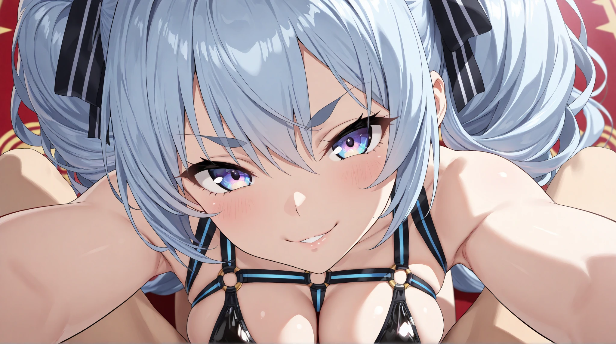 a sexy girl, white hair, in sexy mini bikini, in school, selfie, smile, ray tracing, from above, fisheye, close-up, 16k, 8k, highres, best quality, award winning, high quality, high details, super detail, textured skin, anatomically correct, masterpiece