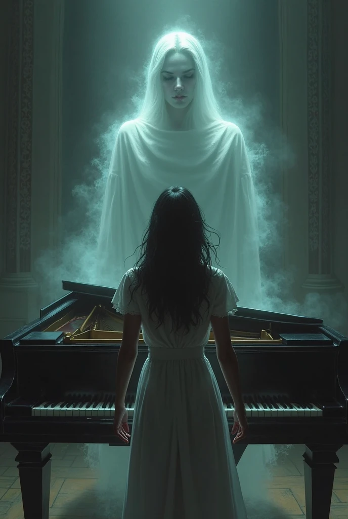 Create an image of a ghostly man with a dark, somber expression, surrounded by a translucent glow. He is playing a grand piano in the dark ballroom of a hotel. The ballroom is dimly lit, with flickering lights casting eerie shadows on the walls. The man appears ethereal, with a spectral, haunting presence. The background includes ornate, decaying decorations and an old, worn floor, enhancing the creepy, unsettling atmosphere reminiscent of a classic horror movie