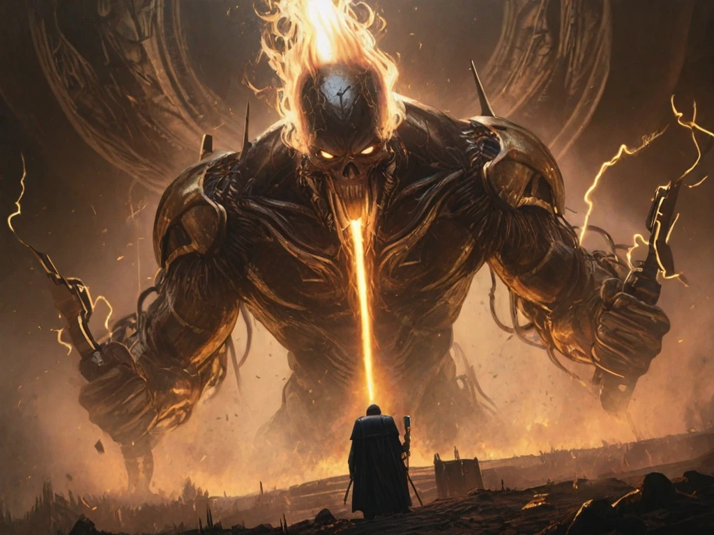 golem, Artificial Creature, build, wax body, copper hands, openwork metal, dark face, burning eyes, fantasy,