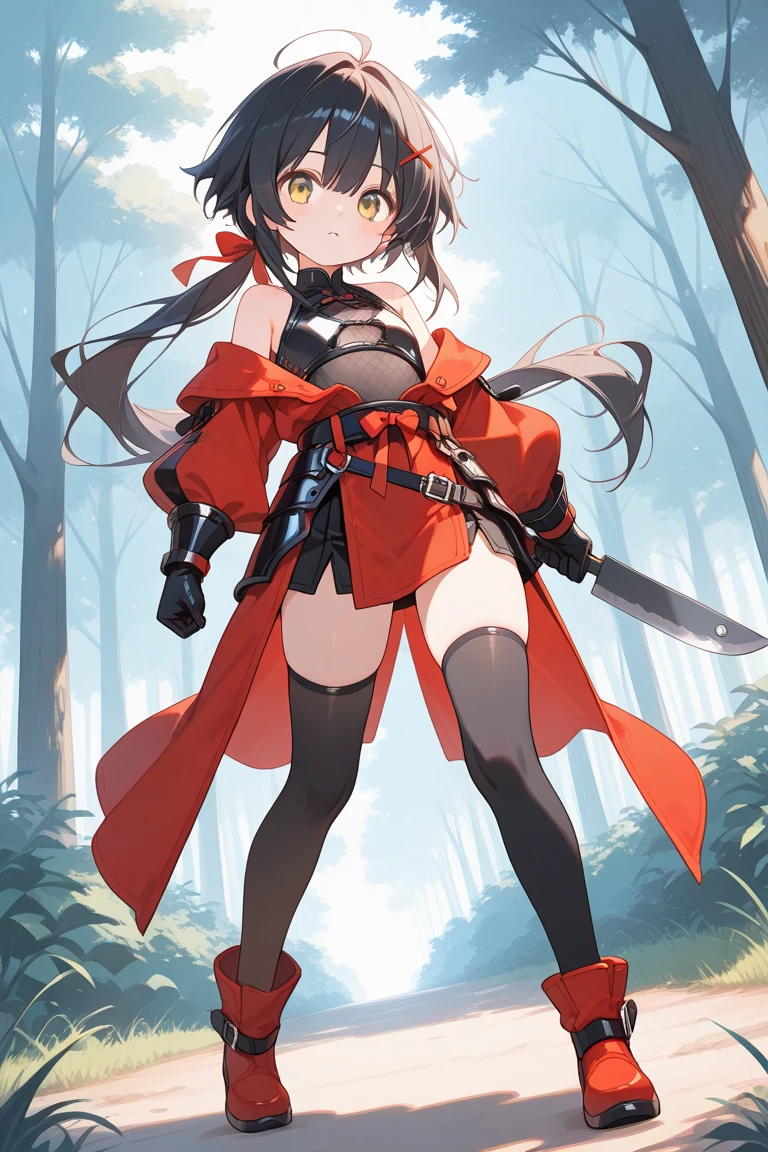 (((child girl))),solo,
look up from below, full body focus,
daytime,
beautiful black hair, beautiful red eyes, beautiful eyes,ponytail,long hair,
happy smile,(((blush up))),
(((very tiny breasts))),(((flat chest))),((open crotch)),(torn linen armor),(spread crotch),smile,tearing up clothes,
(((torn black pantiehose))),
((((torn black tights)))),
(((((torn linen armor))))),(( steel armor)),((steel arm armor)),
black large hood,standing,stand, Little Red Riding Hood, holding a saber, in the woods,
red liquid splatter,red liquid on the body,steel plate armor,((((breasts armor)))),wet crotch,wet legs,

BREAK, (realistic:2.0,(3D, realistic:1.2),
medieval battlefield,burnt field,In a field of colorful flowers,