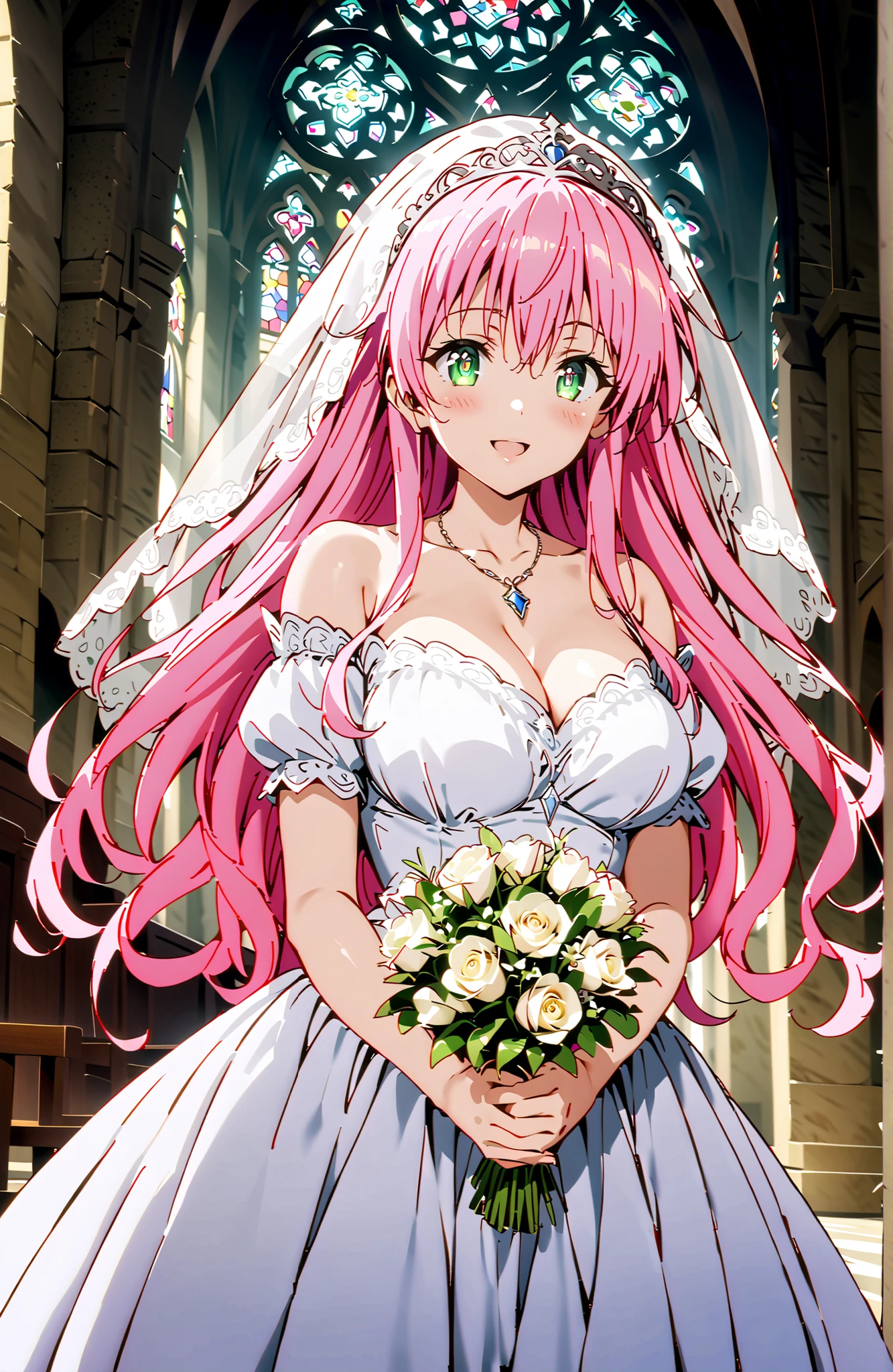 score_9, score_8_up, score_7_up, source_anime,
Lala Devilke , long hair, pink hair,stupid hair, bungs, green eyes,Demon Tail,Big Breasts,tiara,Veil,Off Shoulder Wedding Dress,Short sleeve,necklace,wedding long skirt,holding a bouquet of flowers with both hands,stained glass,standing,smile,blush,open your mouth,full bodyがIllustrationsに入るように,in their 40s indoors,Chapel,church,
in their 40s looking at viewer,full body,
in their 40s (masterpiece:1.2), Highest Quality, high resolution, Unity 8k 壁紙, (Illustrations:0.8), (beautiful detailed eyes:1.6), very detailed face, perfect lighting on the table, extremely detailed CG, (perfect hand stretched forward, Completed),