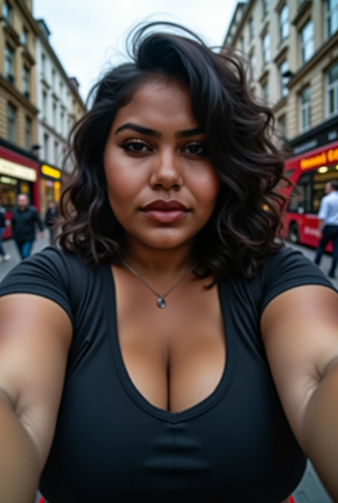 ((((((A))))))half body of confident-looking Arabian woman with long and thick hair with round face, (masterpiece, best quality:1.2), ((((((solo)))))), ((((((1girl)))))), ((looking at camera)), hazel eyes, a smile on the face, royal and lusty look, standing posing like a professional model for a photoshoot, ((((Huge Boobs)))), perfect composition and light, hyper realistic skin texture, super background decorations detailed, 8k, high quality, trending art, trending on art station, photo, intricate details, highly detailed, ((((Cropped Breast Wear)))), (((City Skyline With Sunset background)))), (((wearing a bright colour push up bra with designs and patterns with sleeves))), (((((big sexy body shape))))), (((City Skyline background behind her))), (((Portrait Fashion Photo))), hair bobbles, wince, solid circle eyes, light smile, ear blush, fang, ccurate, makeup, (hairband), Surrealism, drop shadow, anaglyph, stereogram, tachi-e, pov, atmospheric perspective, glowing light, backlighting, ray tracing, image fill, anaglyph, stereogram, scanlines, speed lines, silhouette, vignetting, 8k, super detail, best quality, spotlight,grandeur,sophisticated lighting,vibrant colors, ((day lighting))