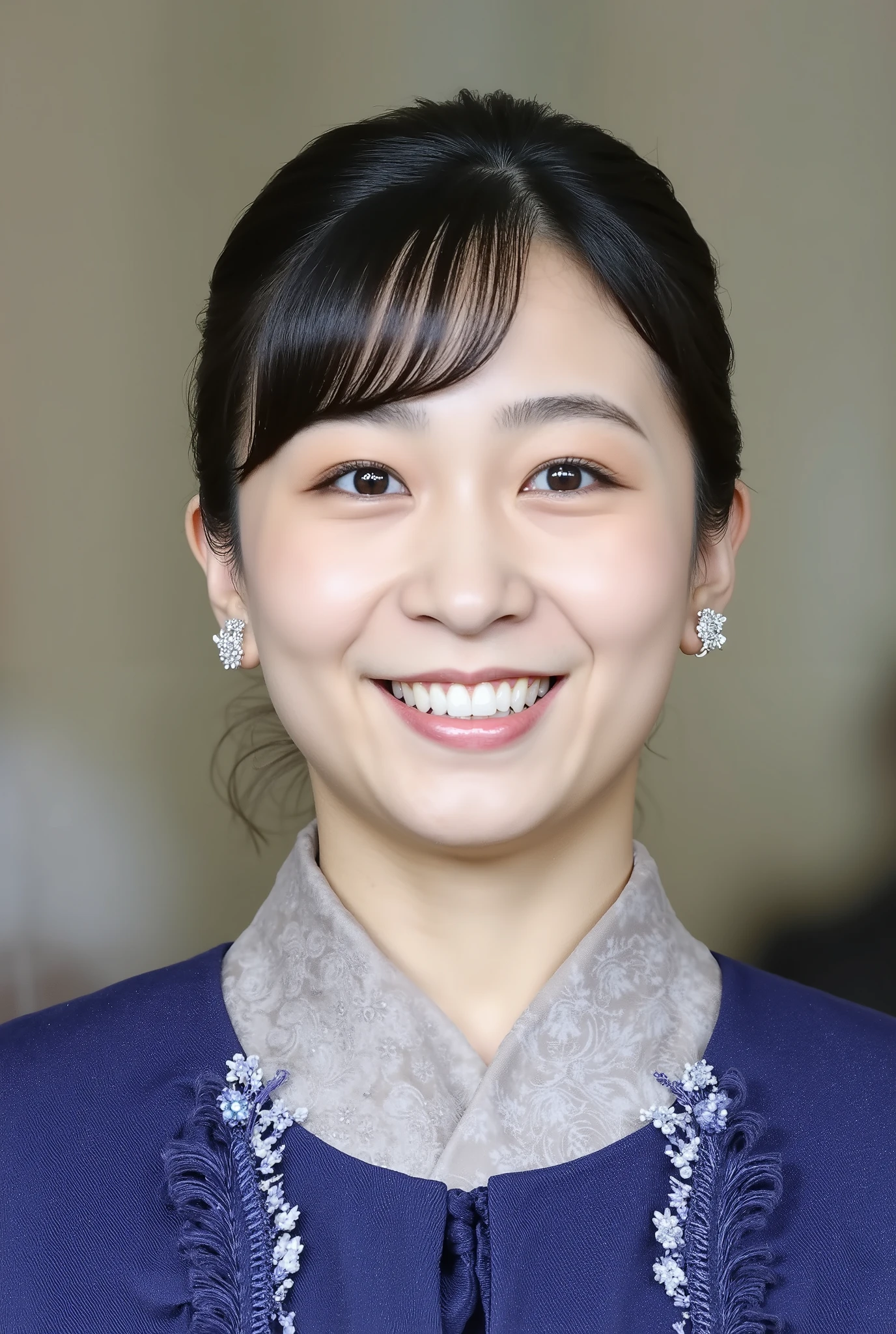 Neat Young Woman、formal wear、necklace、ear piercing、 smile showing teeth、upper body、Background is in a room、