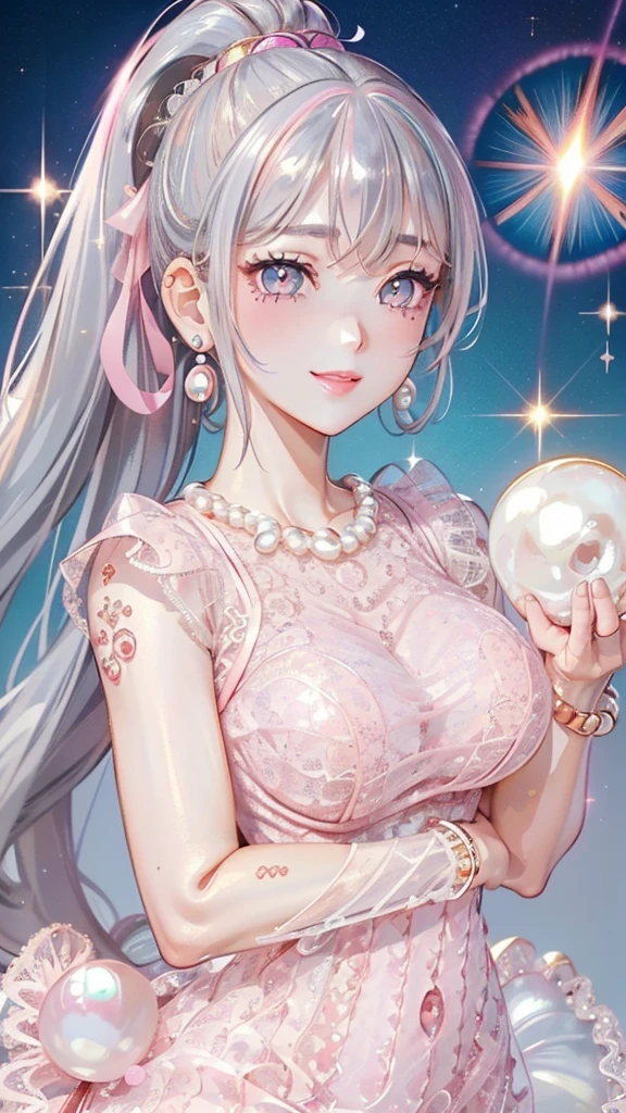 The upper part of the body、one girls、i have silver hair color、Two-tone、(Pink Highlight Hair、Curly hair，floral headband、very Bigger breasts、Sorcerer、whore、garterbelts、off shoulders、Has a shining wand、Countless glowing spheres float、Glowing soap bubbles、