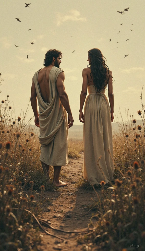 Creation of the first woman and man in the world as if they were Greeks without joined hands, guy walking. WITHOUT HOLD HANDS AND BOTH WITH CLOTHES ON