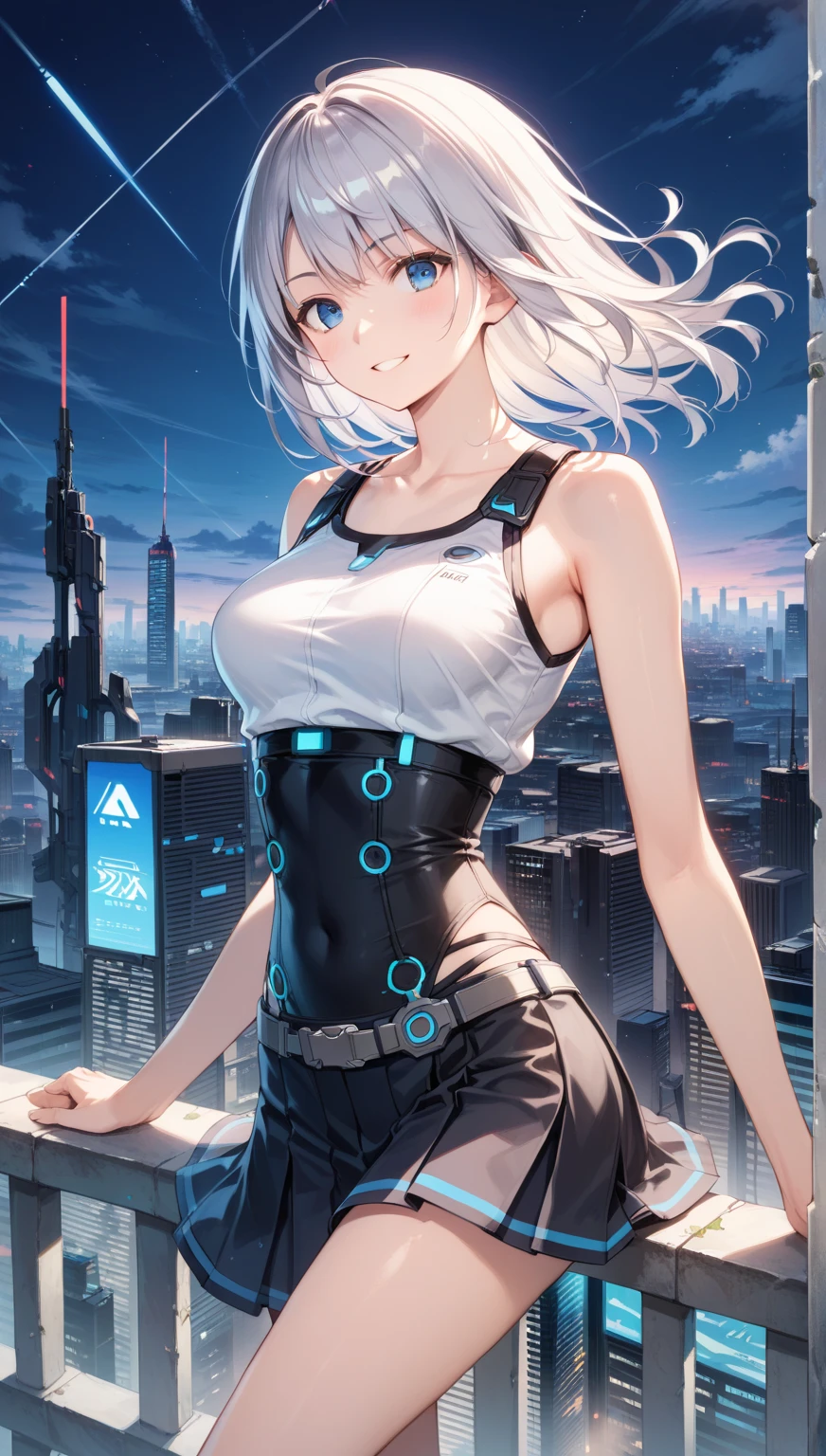 (masterpiece), (science fiction:1.4), 1girl, her back turned, smile, silver hair, aqua eyes, headgear, long sleeves, detached sleeves, glowing energy clothing, light particles, short skirt, visible back, visible butt, big butt