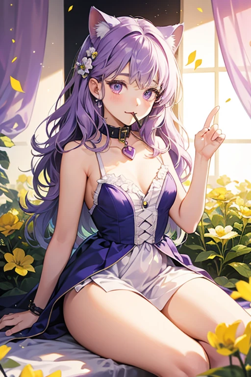 she has purple hair in a bun. She also is wearing a headband of 1 red, 2 pink and 2 yellow flowers, she has aqua eyes, she has a mask of white paint on her face, her dress is red, hot pink, and yellow, she has tan skin, she is wearing black fishnet like tights, and her shoes are red with black soles. SPARKLE; GLITTER