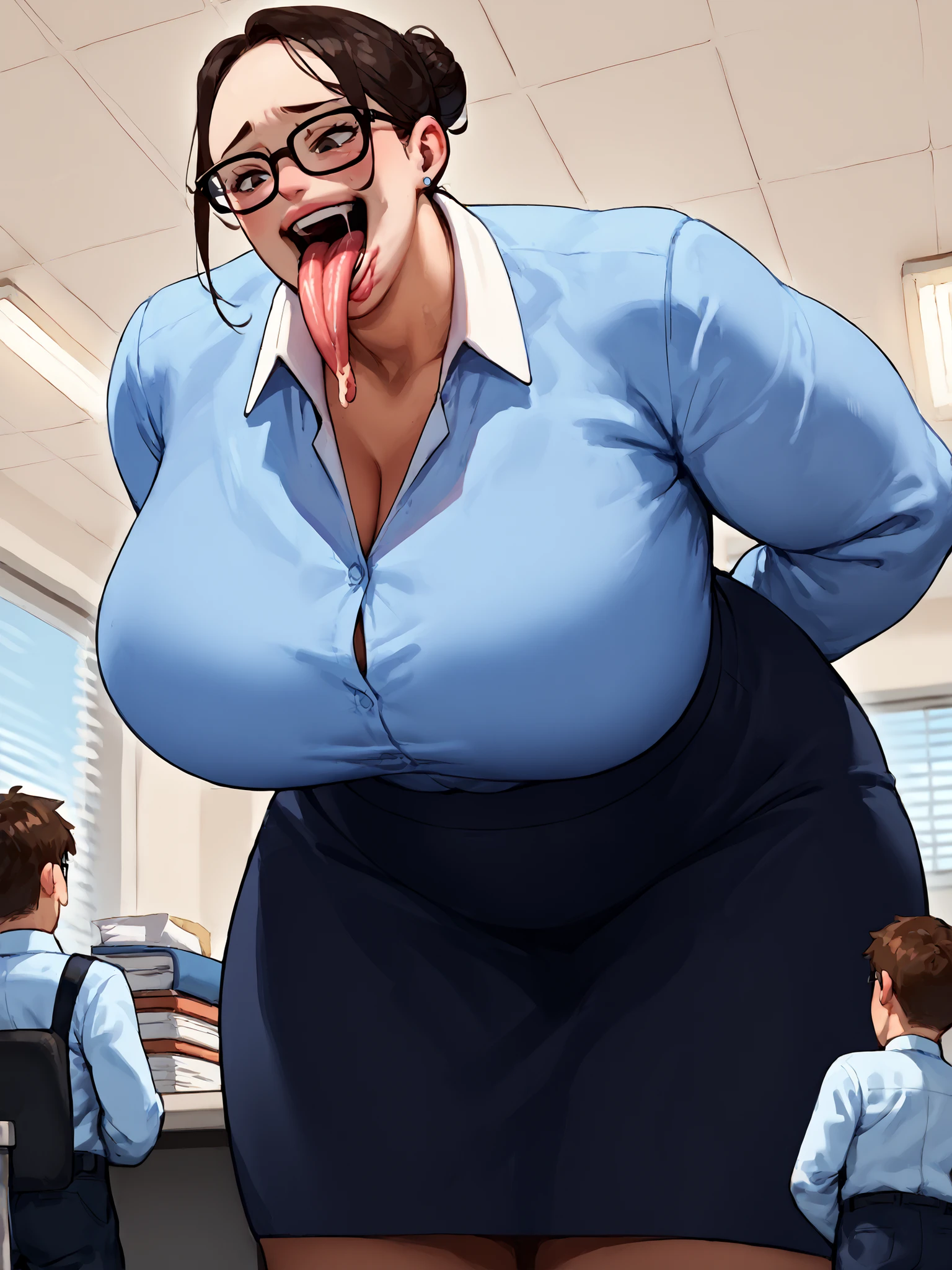 Score_9, score_8_up, score_7_up, score_6_up, score_5_up, score_4_up, source_anime, 1girl, cute girl, detailed eye, secretary suit, skirt, secretary, sleeveless, French twist updo hair, sagging gigantic huge biggest breasts, wide hips, thick thighs, huge areolae, areola slip, dark nipple, dark areolae, nipple cover, hairy stomach hair, hairy armpit hair, Japanese, cute Japanese, hentai, sweating, heart mark words, smelly, working atmosphere, brown hair, crowded, leg tights, polite atmosphere, in building entrance, hands from stomach, standing politely, bowing, Ojigi, document, pov, bukkake, blushing smile, accessories