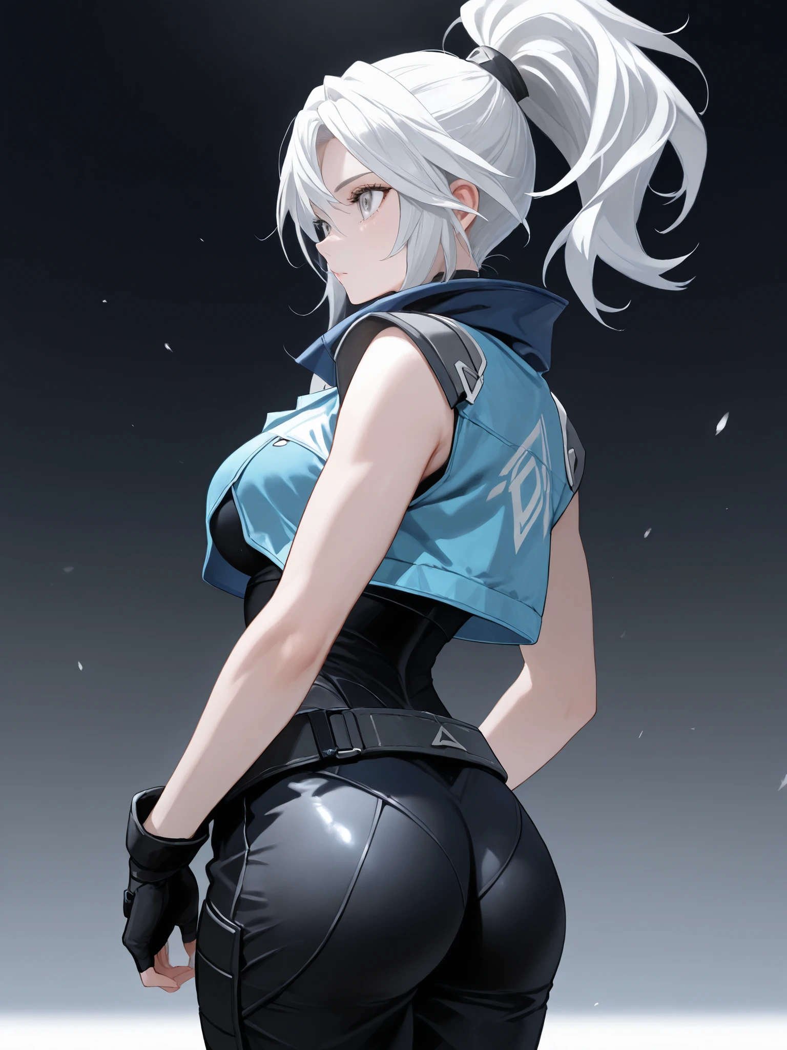 one woman, blue jacket, sleeveless, cropped jacket, black bodysuit, belt, black pants, black gloves, fingerless gloves, white hair, feminine, voluptuous, high ponytail, beautiful breasts, beautiful ass, big eyes, pale gray eyes,