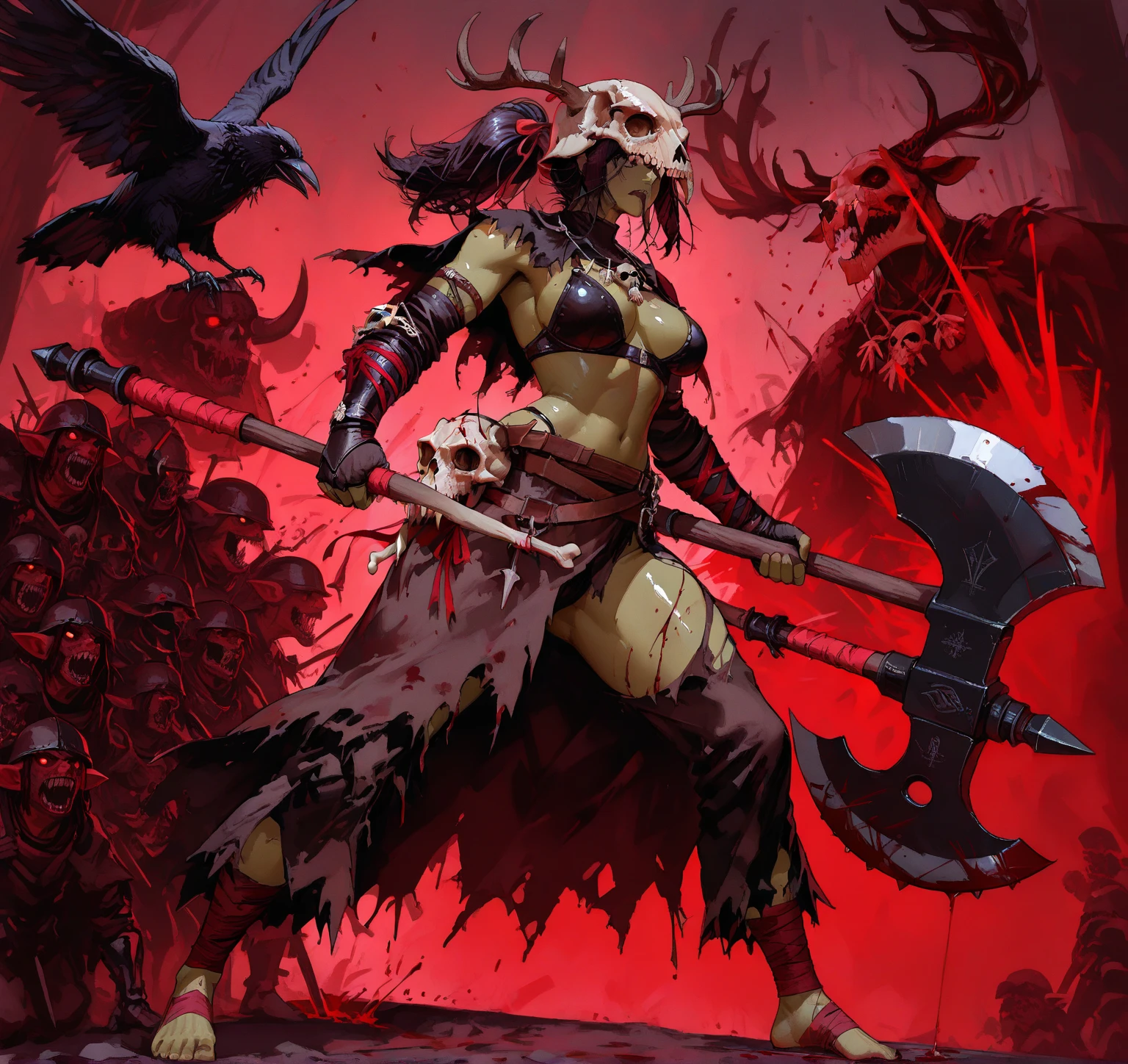 There is a woman with red paint on her body and body, a very beautiful berserker woman, Red skinned old woman, covered in red slime, Female Revenant, Female oak, fat ripped satanic creature, hot reptile humanoid woman, In the dusty red desert, Argonian in Africa! Body! is fully, Red in the painting of the face of a warrior