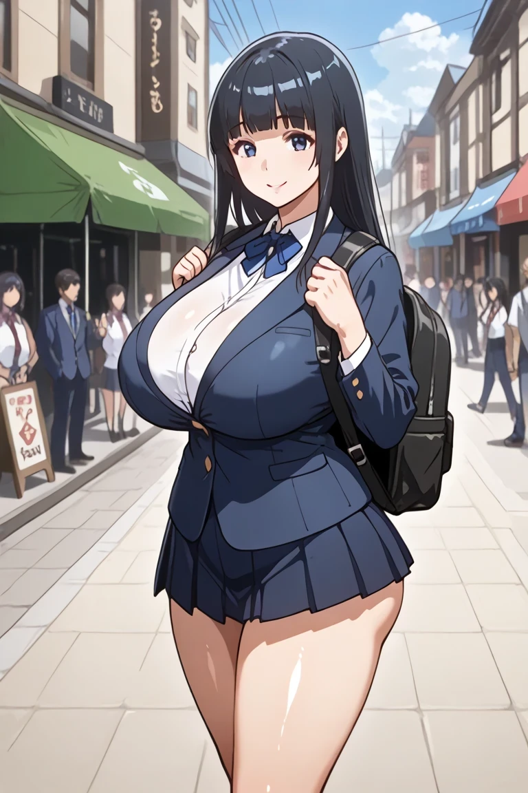 High Definition、 High Quality、Masterpiece、 Anatomically correct、 precise human body、 perfect face、 detailed eyes 、 5 fingers, Day Time 、shopping street、 I wore a、Alone, an old woman、huge breasts、sagging breasts, heavy chest, Huge Ass 、WIDE HIP、 shiny skin、 black hair、 Cropped bangs 、 straight hair、 semi-long hair、 student、 blazer、 loose pleated skirt 、navy blue outfit、 school backpack、smile、tent for 、