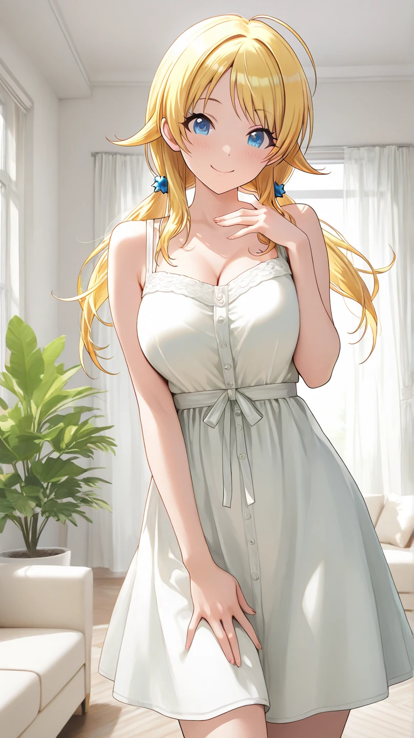 (Masterpiece, plain background:1.2, far shot view from below angle,1chica 1solo) de pie cuerpo completo, mujer madura, morimoto_leona, blonde_hair, drill hair, blue eyes, large breasts, standing, floral sundress
