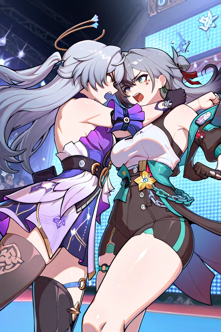 masterpiece、highest quality、1girl , solo , huge breasts、deep cleavage、light purple hair、ponytail、fox ears、brightly colored eyes、blue eyes、black glasses、green japanese kimono、brown leather jacket、leather boots、flashy necklace、charm、Wet、face turns red, very sweaty, dynamic pose、standing、ryokan background