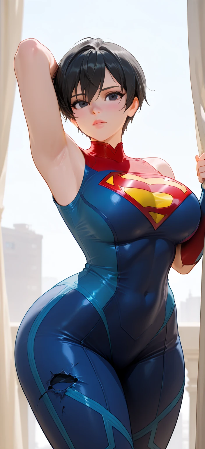 (masterpiece:1.4), (best quality), (detailed), (8k), (1girl, solo, sideways), (sidewalk), Clara Kent, superhero, bodysuit, short hair, red cape, blue eyes, wide hips, bending, bright dark blue costume.