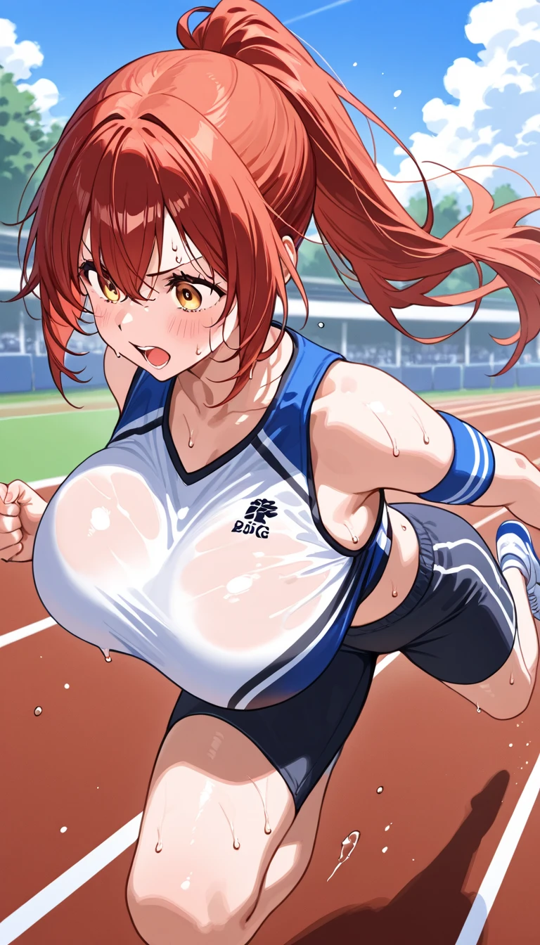 score_9, score_8_up, score_7_up, source_アニメ, sakimiya iruka, red hair, green eyes, one side up, medium hair, green scrunchie, hair ornament, shiny skin, rating_explicit, large breasts, large ass, Race Queen, highleg, (scared),(tears:1.3),(open mouth, shout),(sweat:1.2), (steam on body, heavy breathing), (trembling:1.4), drooling, bouncing breasts, unaligned breasts,(motion lines:1.5), motion blur,(pussy juice, Squirting:1.5), (arched back), (troll, 2men, vaginal penis), 2penises,(huge penis:1.5), (head grab), (cum in mouth, facial, cum on hair), projectile cum, cum string, excessive cum, pole dance, on stage,