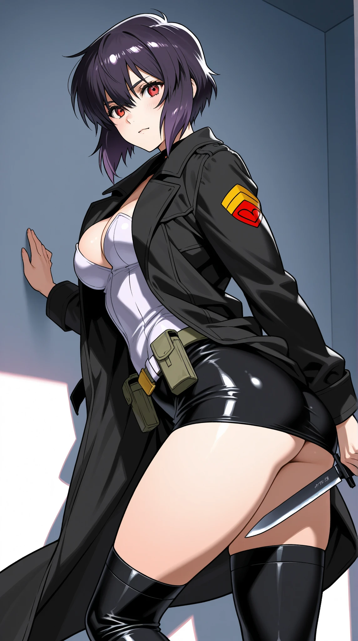 masterpiece, best quality, anime 1990s \(style\, leona heidern, naked chest, fully open vest, thong, desert, army, cammo. pony tail, wet, serious, soldier.