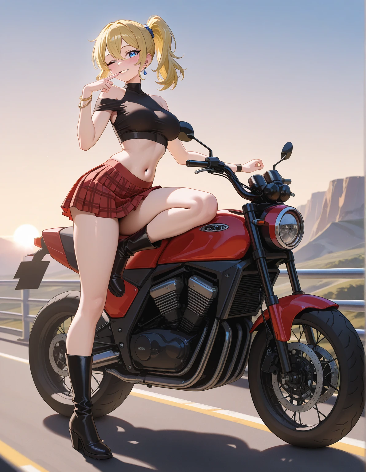 illustration, best quality, ultra detailed, detailed illustration, 1girl, sexy, short blonde hair, sunglasses, head scarf, medium breasts, black bikini top, short shorts, maroon leather jacket, standing straight, flirty smile, riding motorcycle, from behind